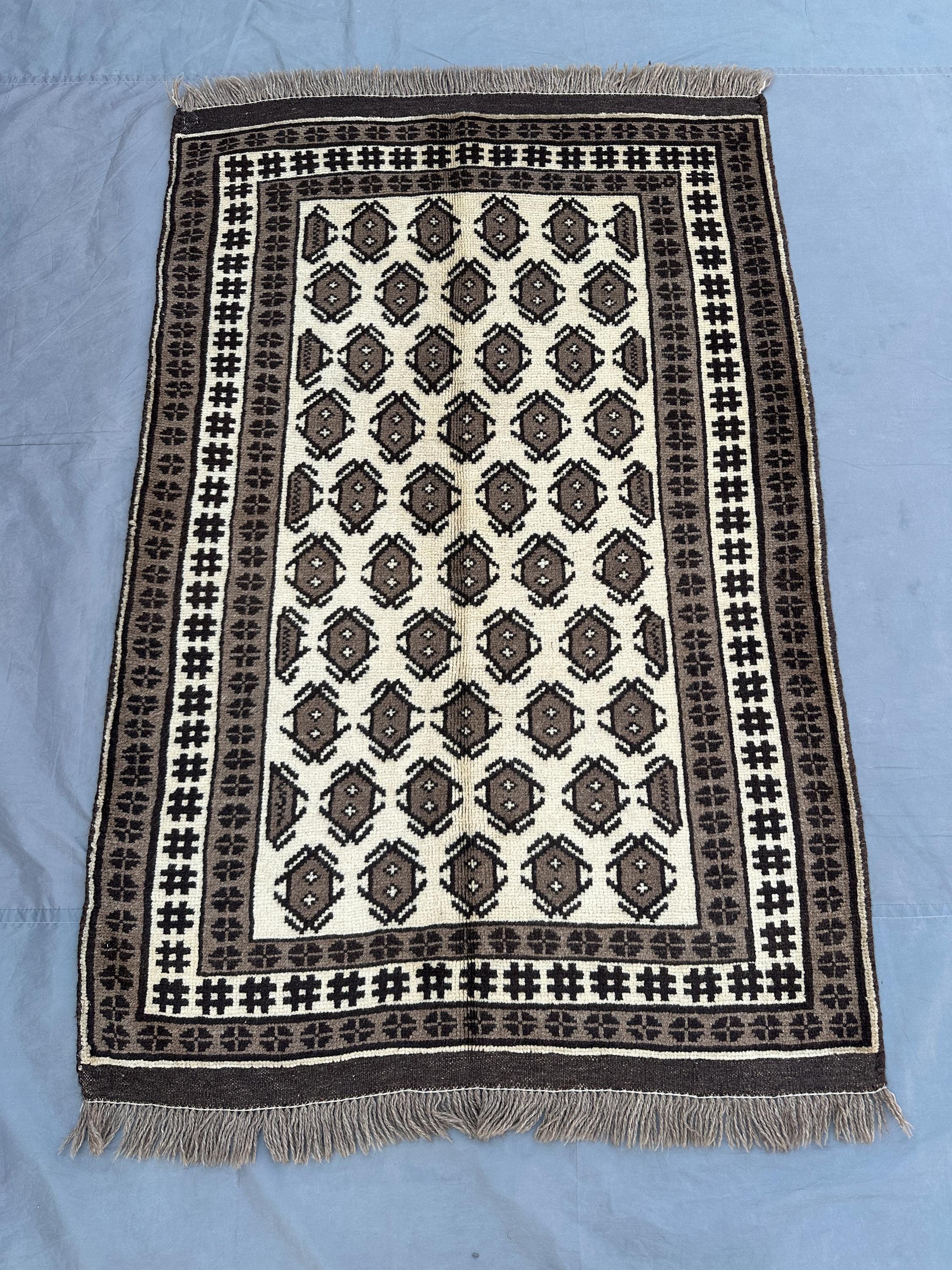 3'5x5 ft Vintage Afghan Baluch Rug | Hand Knotted Wool Tribal Carpet | Moroccan Gabbeh Berber Style | Geometric Small Area Decor Rug