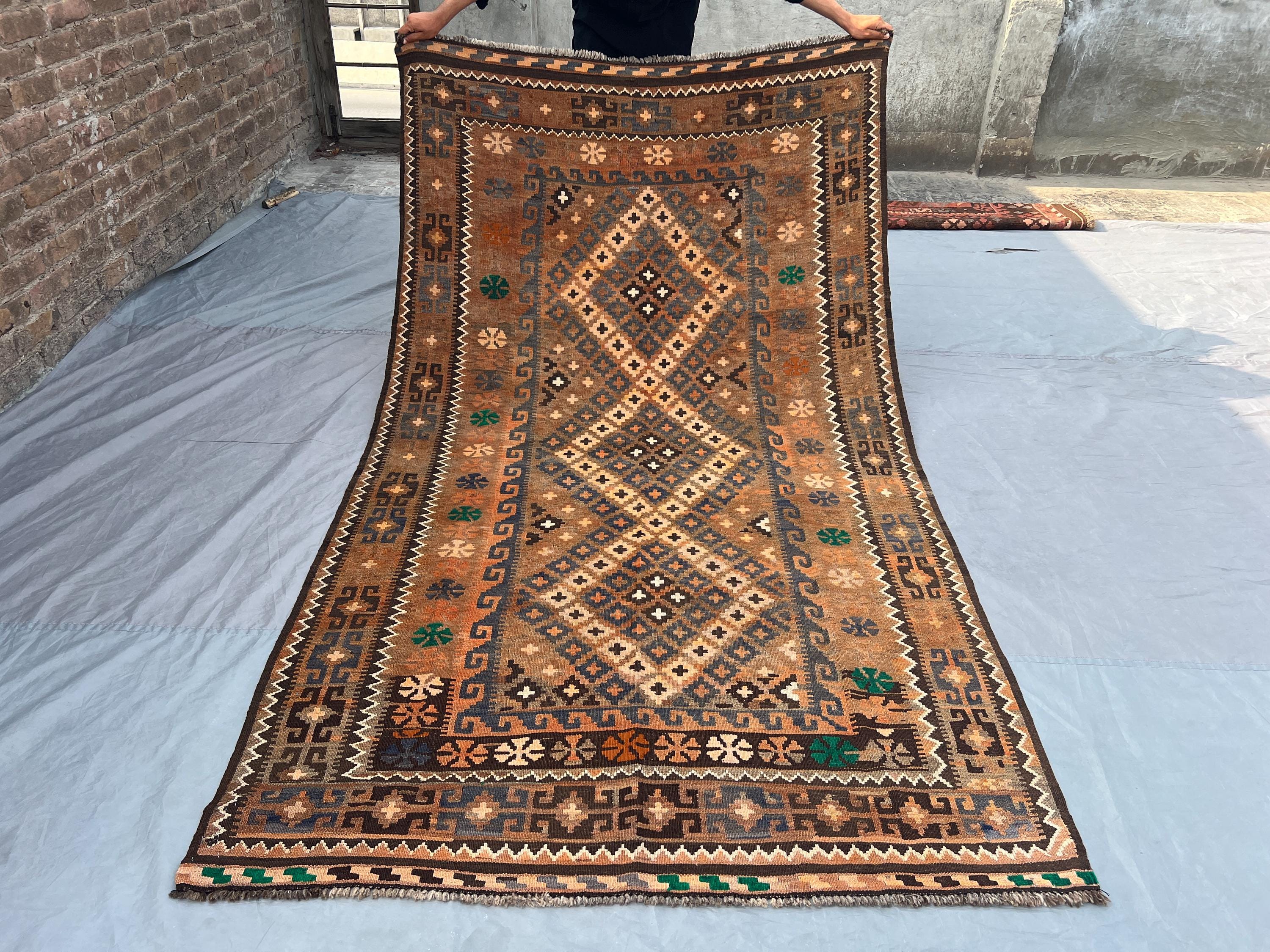 5x9 Ft Vintage Afghan Kilim Rug, Handwoven Flat Weave Wool Carpet, Terracotta Brown Beige Tribal Geometric Ori