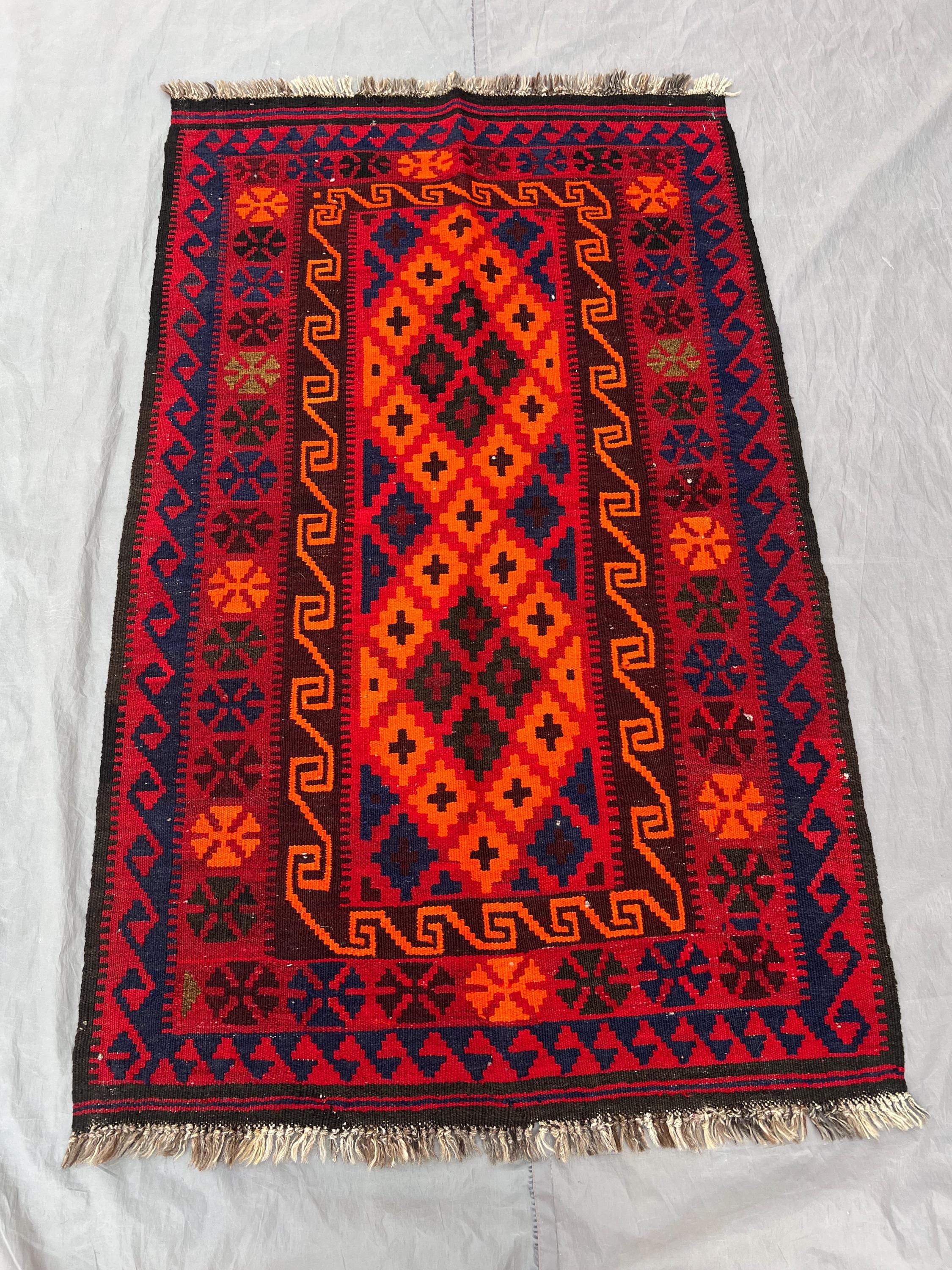 3 x 5 ft Vintage Afghan Hand-Woven Kilim Rare One-of-a-Kind Maimana Design Vibrant Red & Orange Colors | Living room or entryway decor