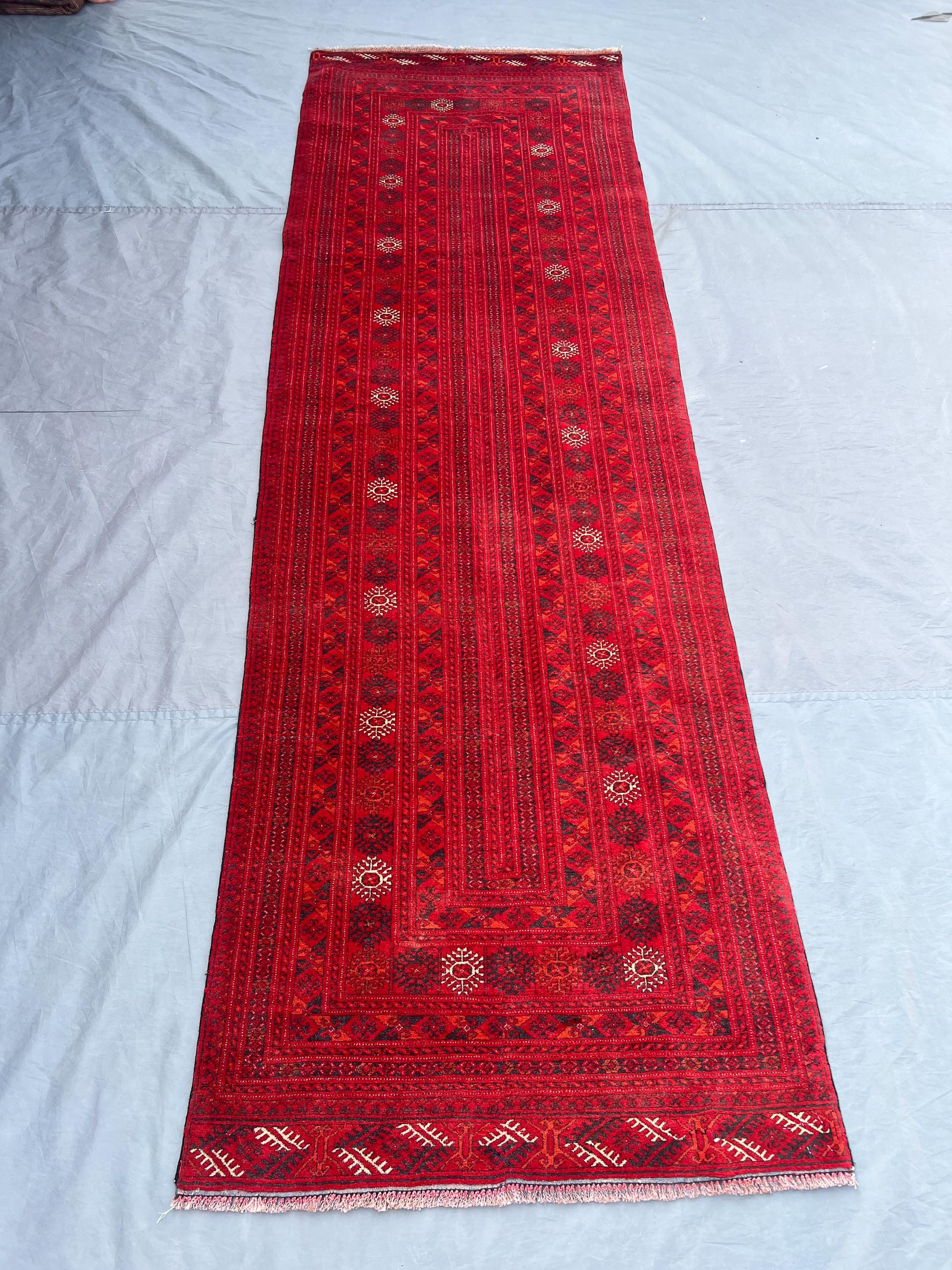3x10 Afghan hand knotted vintage Turkoman Ersari runner rug, red tribal geometric design, unique one of a kind home decor | living room rug