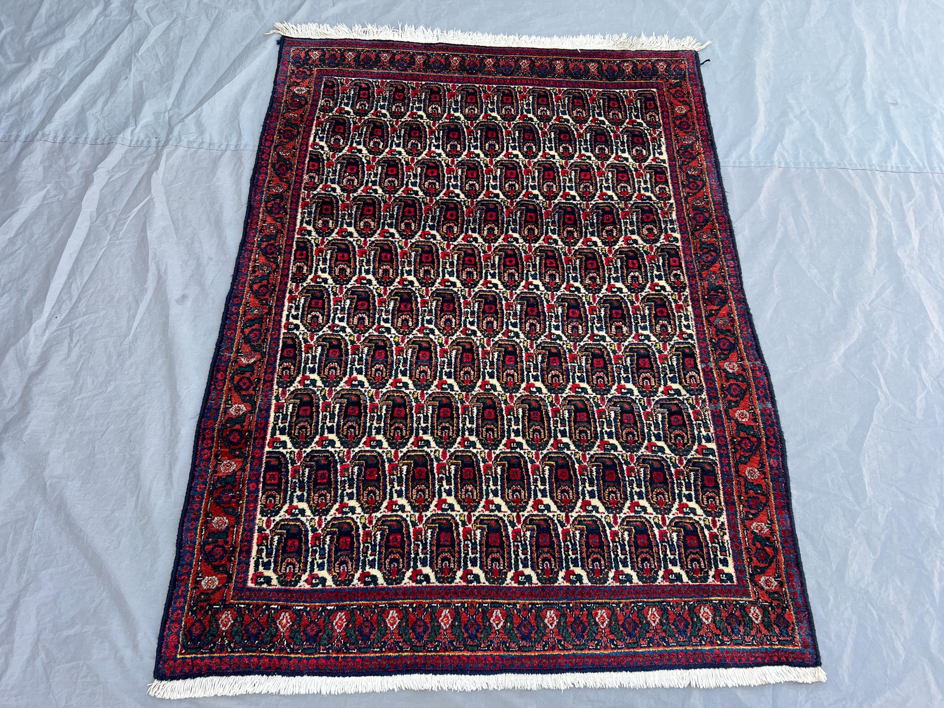 3'10x5'2 ft Vintage Afghan Boteh Paisley Rug | All Over Large Boteh Hand Knotted Ivory Field | Navy Red Ivory | Boho Living Room Rug
