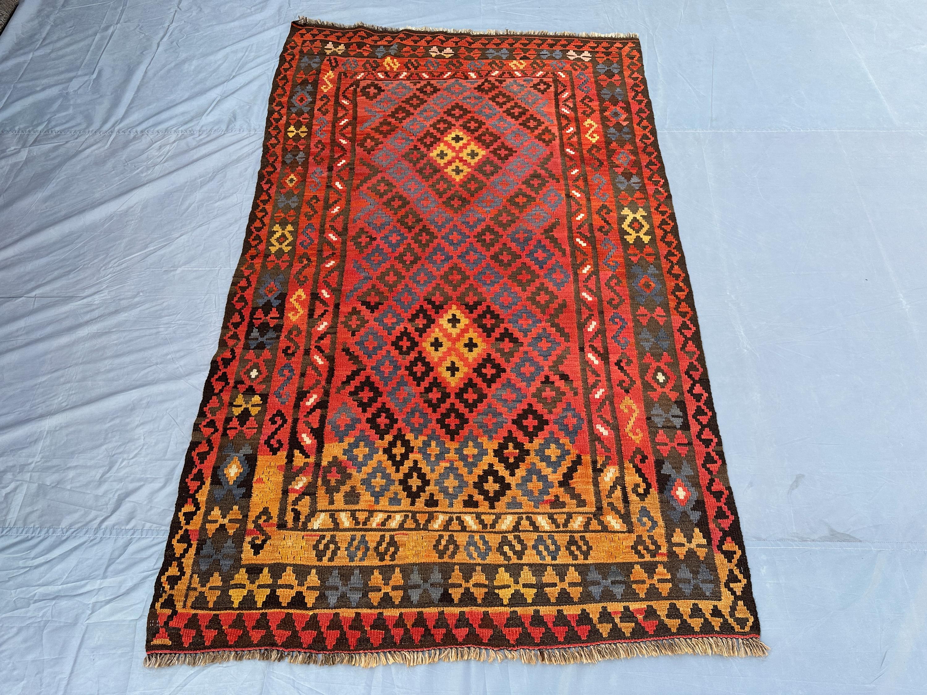 Antique Turkmen Geometric Kilim Rug 5x8 Flat-Weave Handmade Wool Carpet, Turkish style kilim, turkoman faded rug, bedroom rug, outdoor baho
