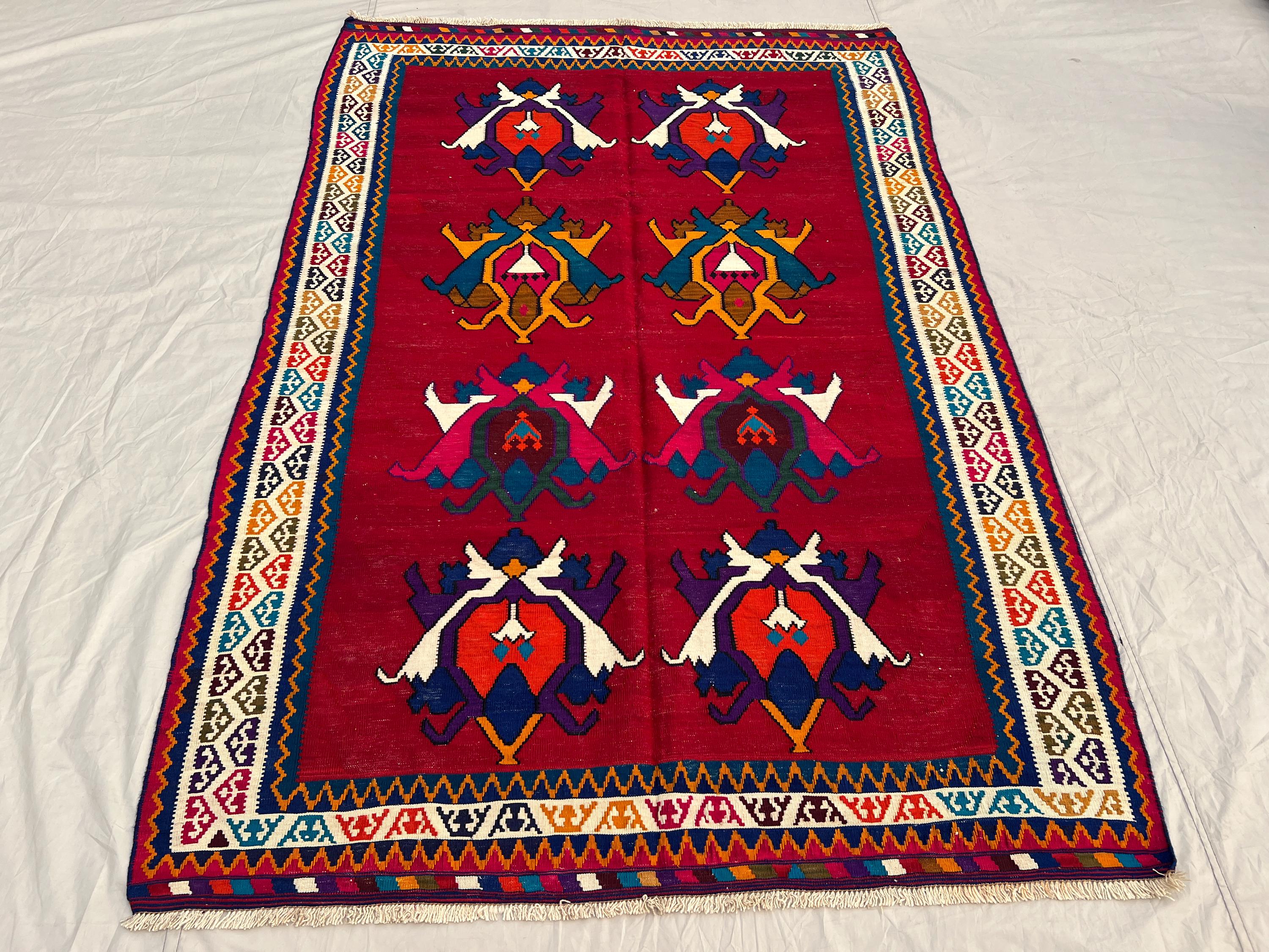 5'2x7'9 Ft Vintage Afghan Kilim Flatweave | Red Bold Figurative Bird & Peacock Motif | Handwoven Wool Tribal Rug for Living Room Bedroom