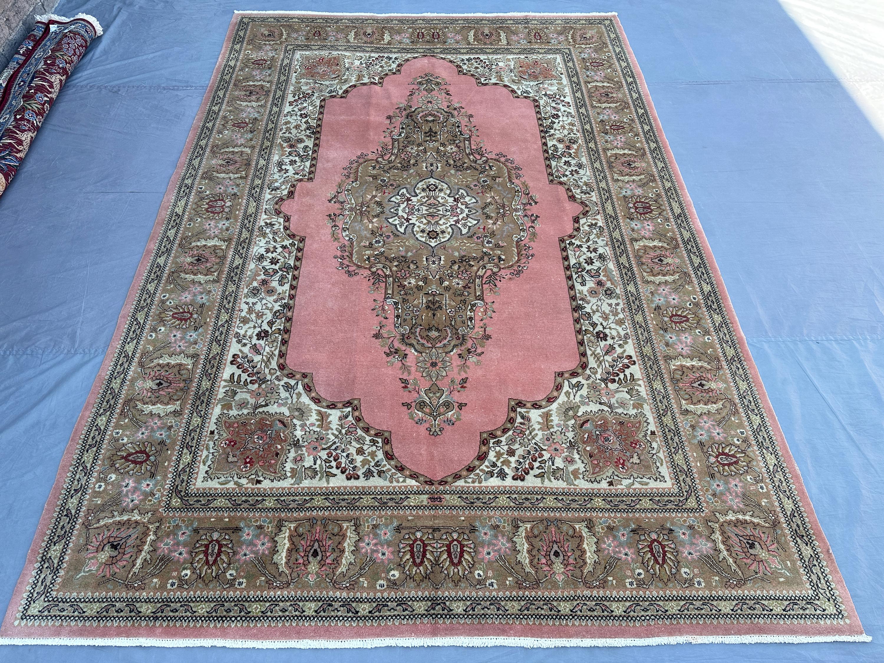 7x10 Turkish Hand Knotted Rug | Caucasian Style Wool Carpet | Pink Medallion Tribal Design | Vintage Oriental Area Rug, Living Room Rug