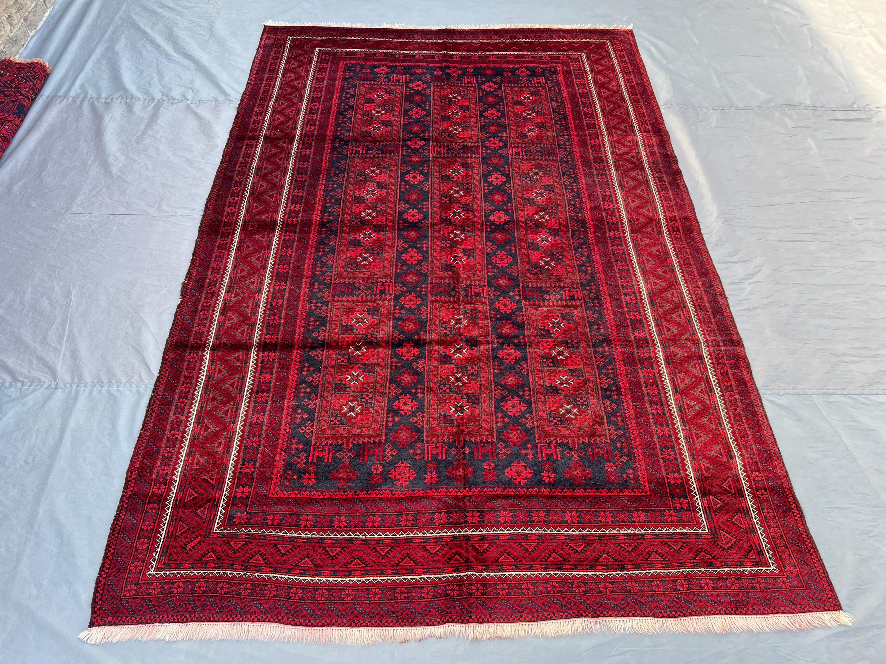Afghan Hand Knotted Baluchi Rug 6x9 Tribal Wool Area Carpet | Red Black Geometric Pattern | Vintage Nomadic Rug for Home Decor, Bedroom Rug
