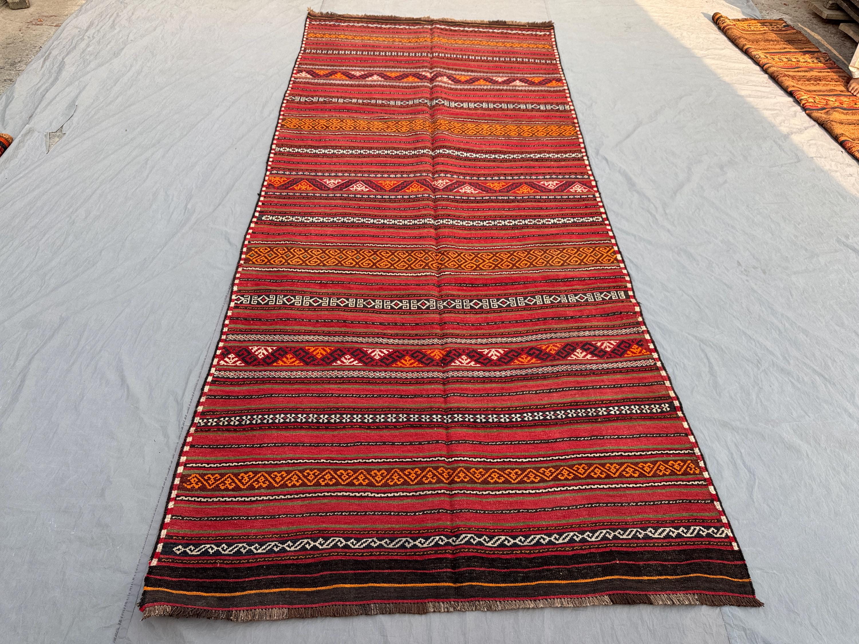 11'4 x 5 ft Antique Afghan Baluchi Handnotted Kilim Runner Rug, Flat Weave 100% Wool, One Of A Kind Tribal Nomadic Hallway Rug