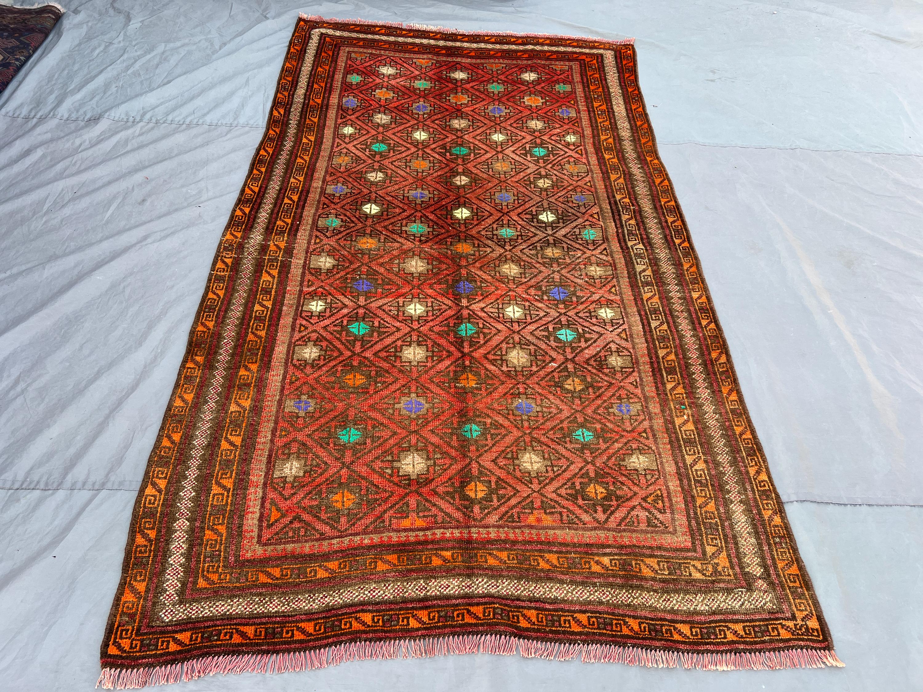 4'9x8'6 Vintage Afghan Tribal Rug | Hand Knotted Wool Area Rug | Red Orange Multicolor Diamond Lattice Rug | Bohemian Living Room Rug