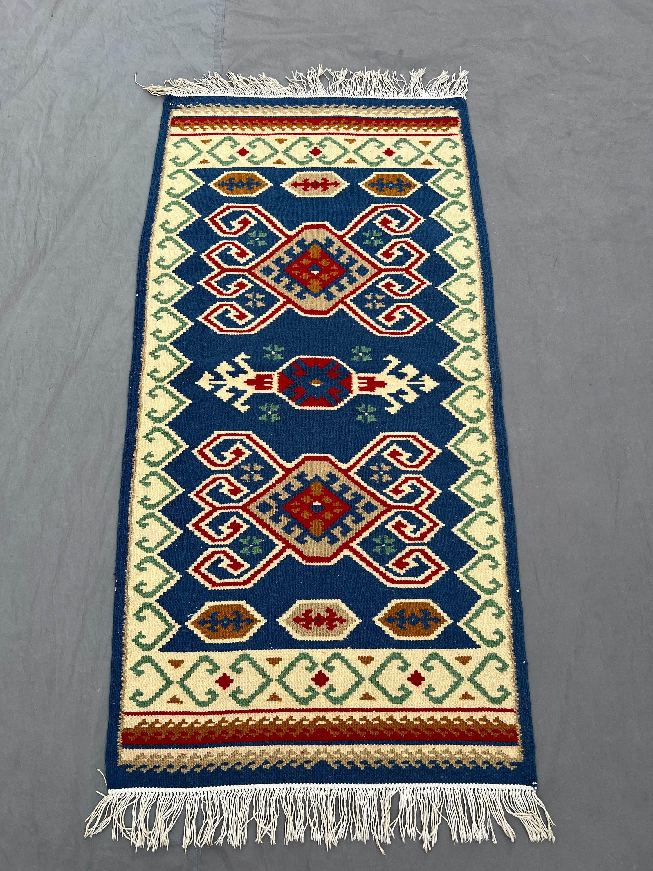Afghan 2 x 5 ft hand woven vintage flat weave kilim one-of-a-kind small tribal area decor carpet, traditional maimana design