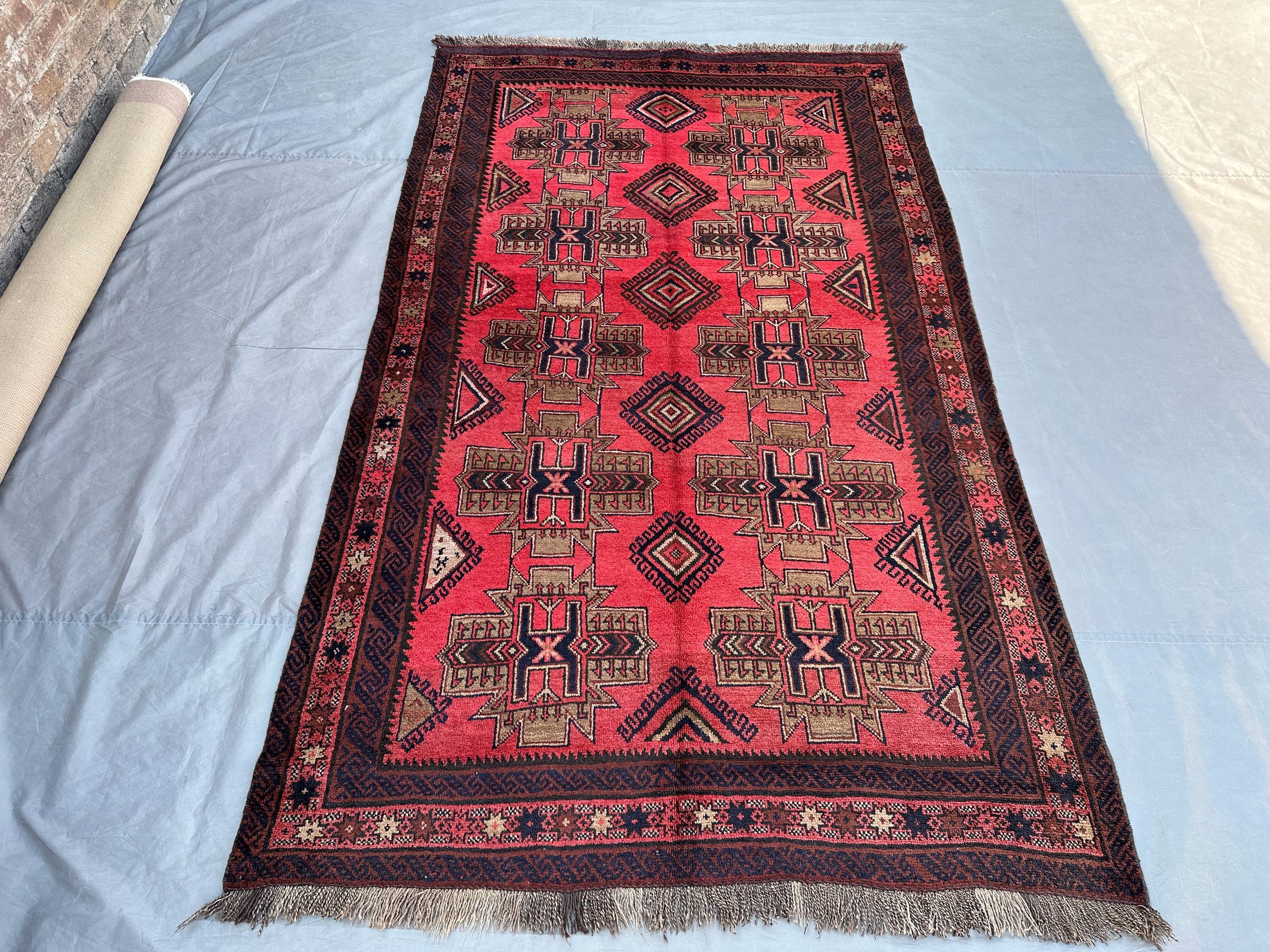 Antique Baluch Tribal Rug 4'8x8'1 ft Handmade Afghan Wool Rug, Turkmen Geometric Area Carpet | Vintage Living Room Rug, Bohemian Bedroom Rug