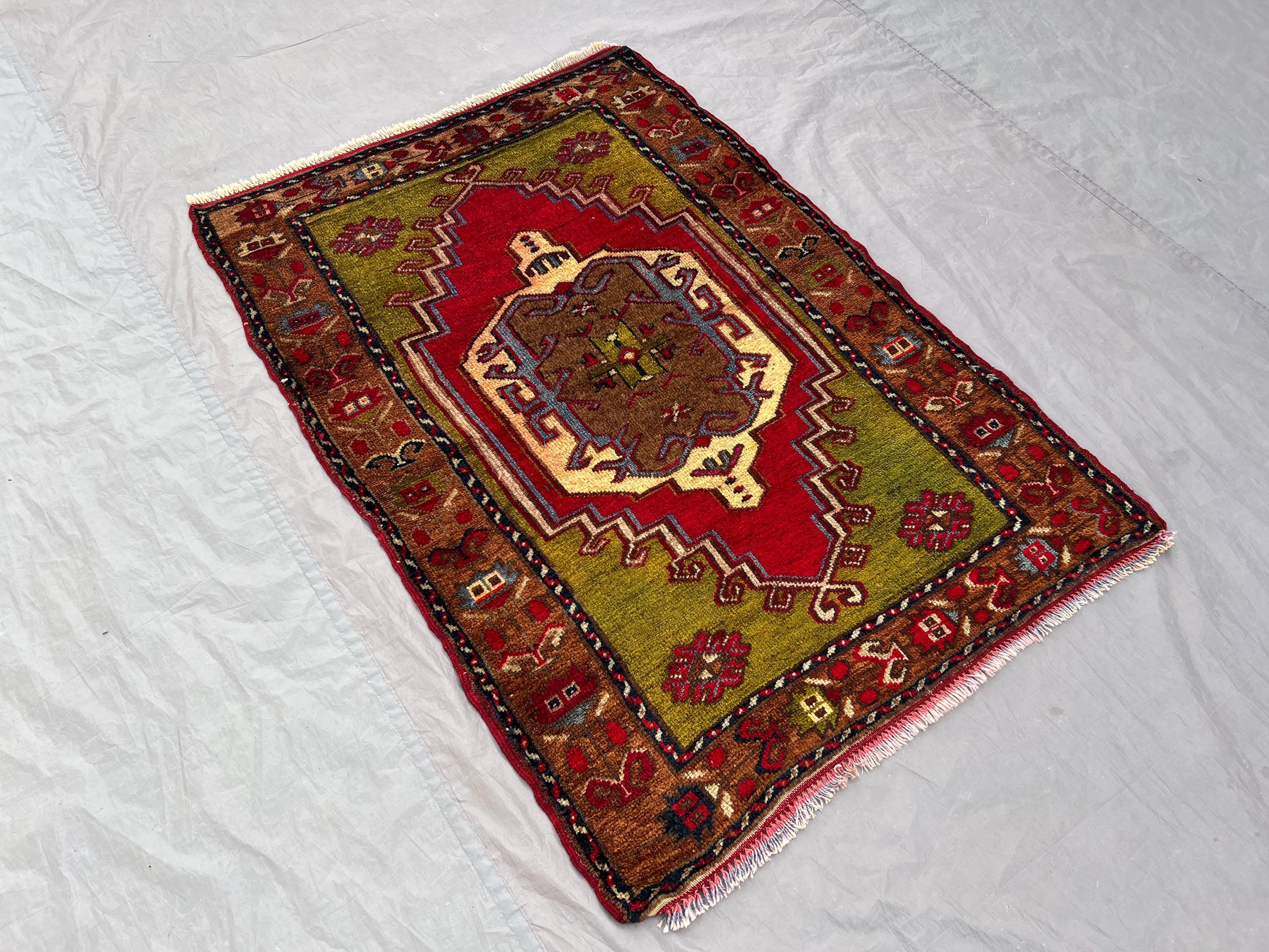 3x4 Turkish Vintage Hand-Knotted Rug, Red Green Wool Carpet, Small Antique Tribal Design, Soft Pile Boho Decor, Kids Room Rug, Laundry Rug