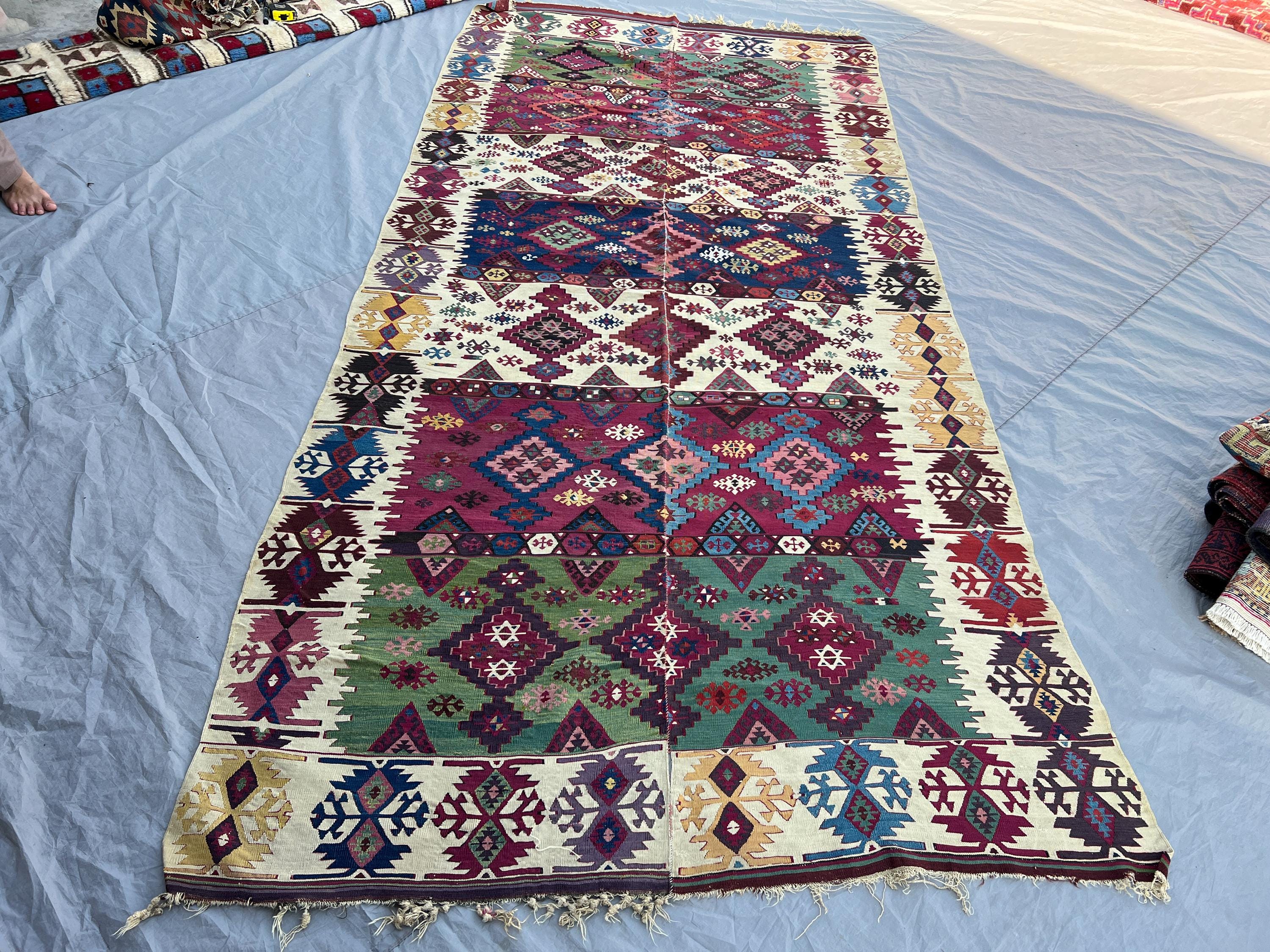 5x10'10 ft Vintage Afghan Turkish Inspired Kilim Rug Handwoven Tribal Striped Diamond Row | Vibrant Multicolor Flatweave | Living Room
