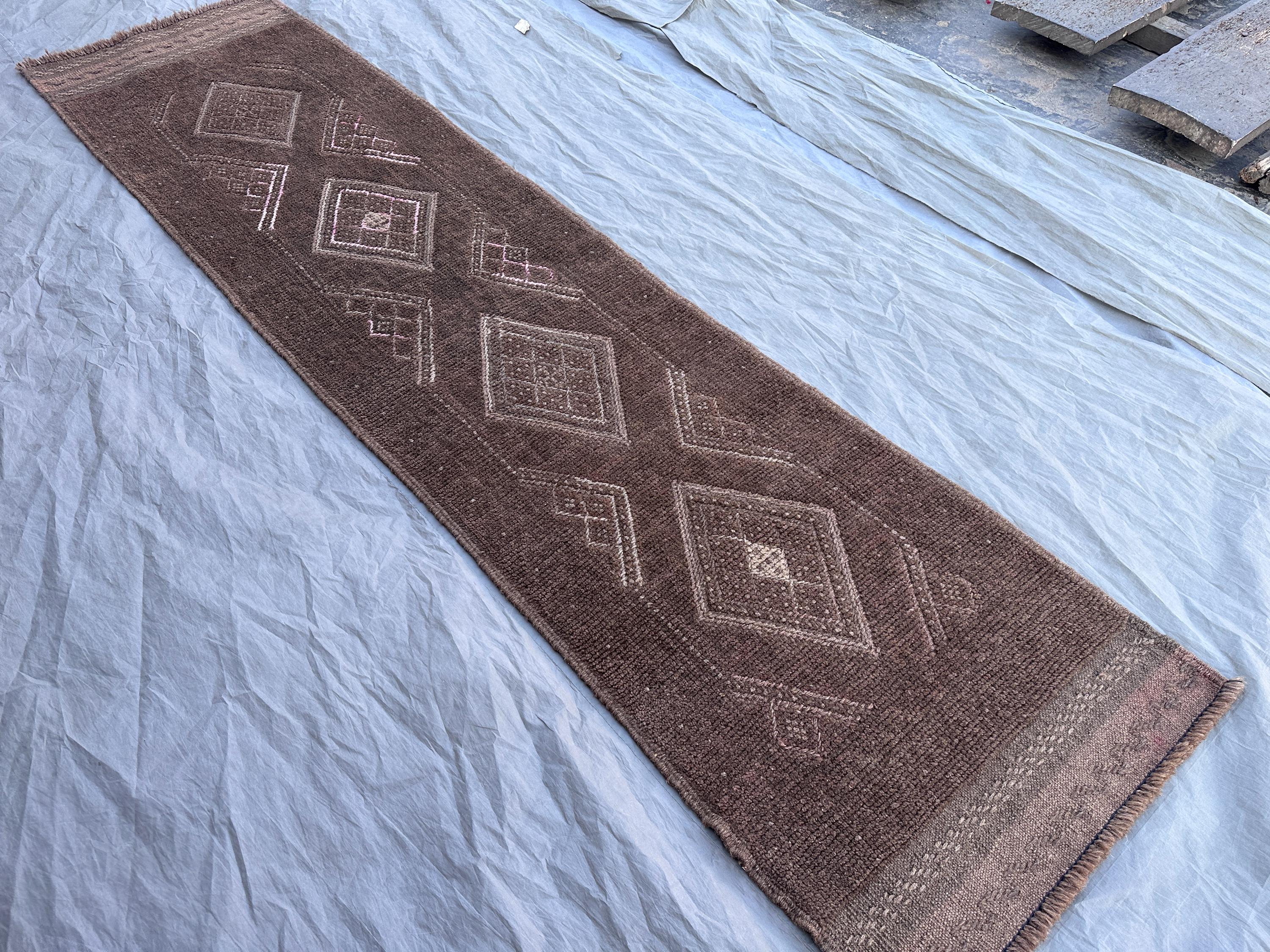 1'10 x 7'9 Afghan Hand Knotted Vintage Rare Soft Pile One of a Kind Narrow Runner Terracotta Color Faded Mishwani Design | Living room decor