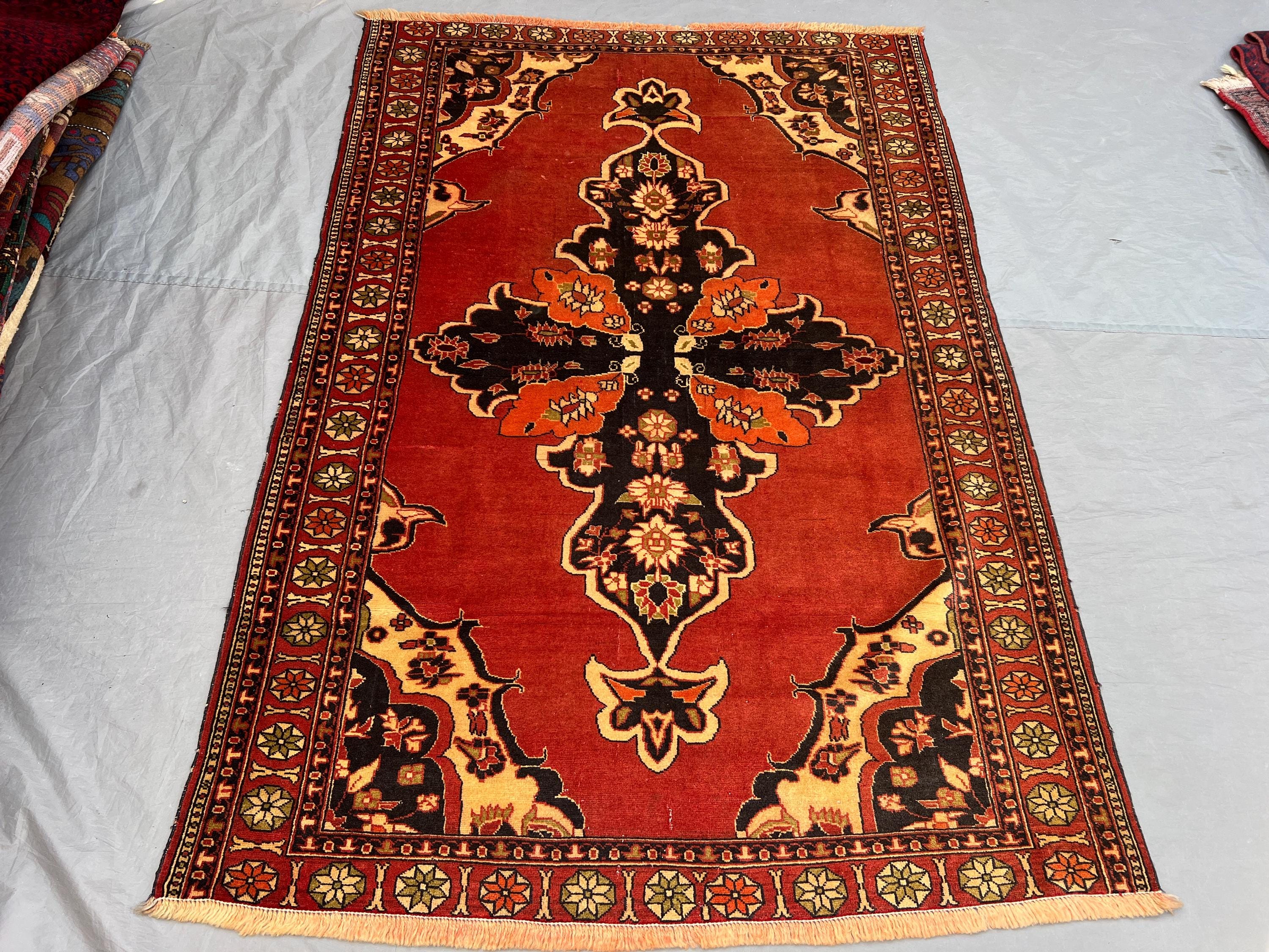 4'3x6'4 ft Vintage Afghan Pile Rug | Handknotted Floral Central Medallion | Rust Red & Midnight Black Wool | Area Rug Living Room Bedroom