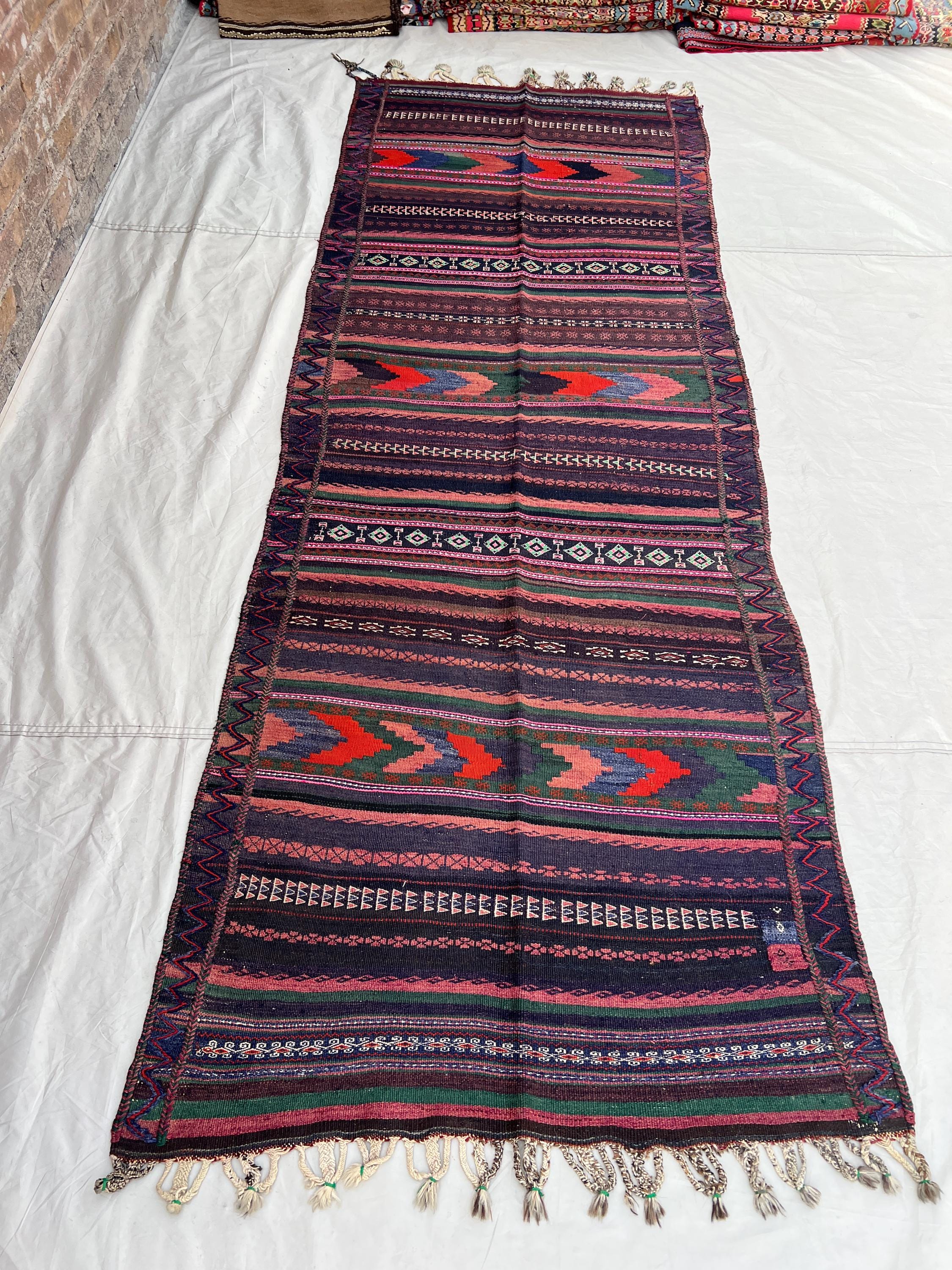 3'5x9'6 Vintage Afghan Kilim Handwoven Wool Flatweave Chevron Arrow Stripe Dark Purple Pink Red Green Long Runner | Hallway Entryway Living