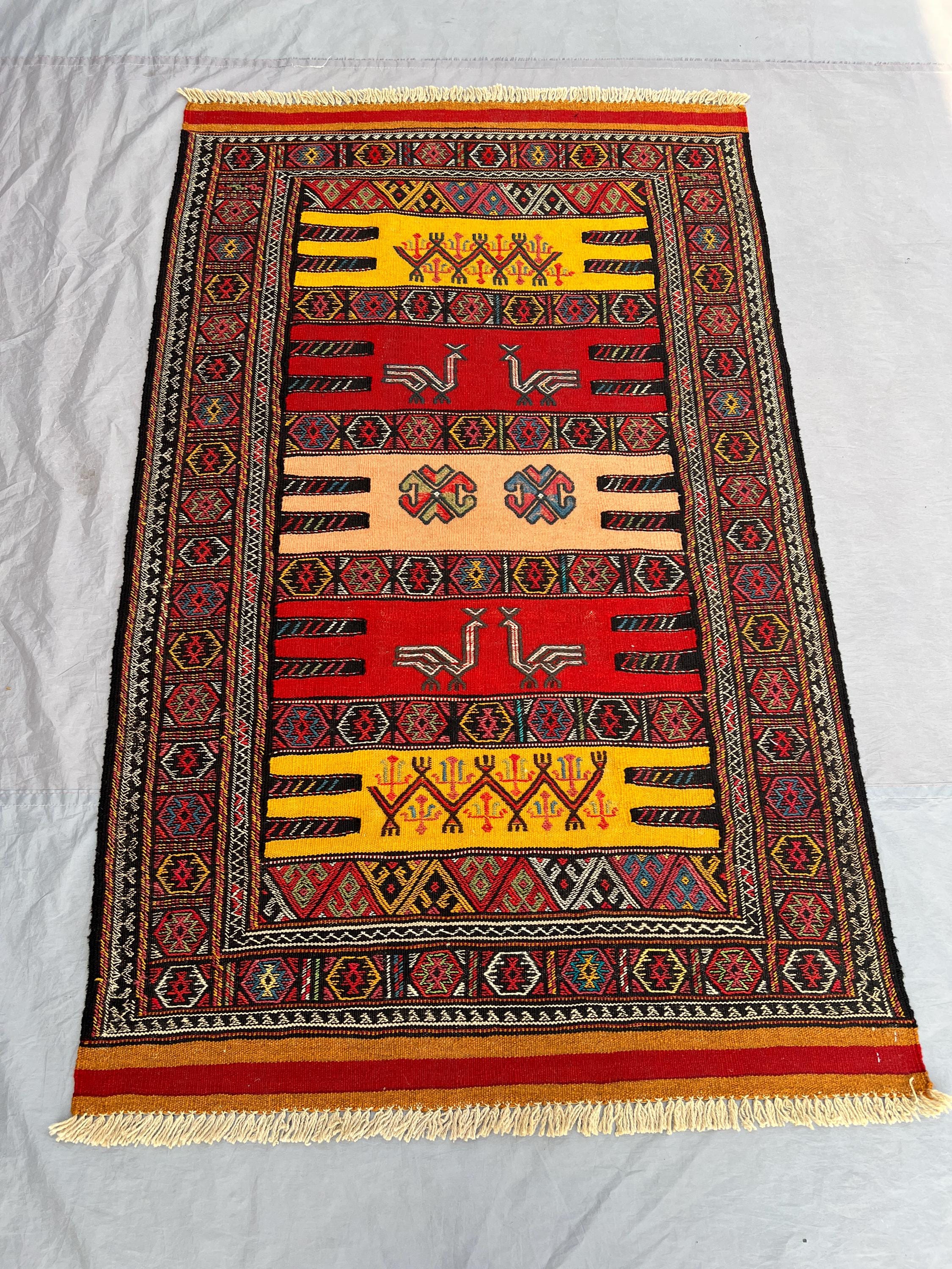 3'6 x 5'9 Ft Handmade Afghan Kilim Flatweave Rug – Vibrant Red & Yellow, Geometric Patterns, Traditional Wool