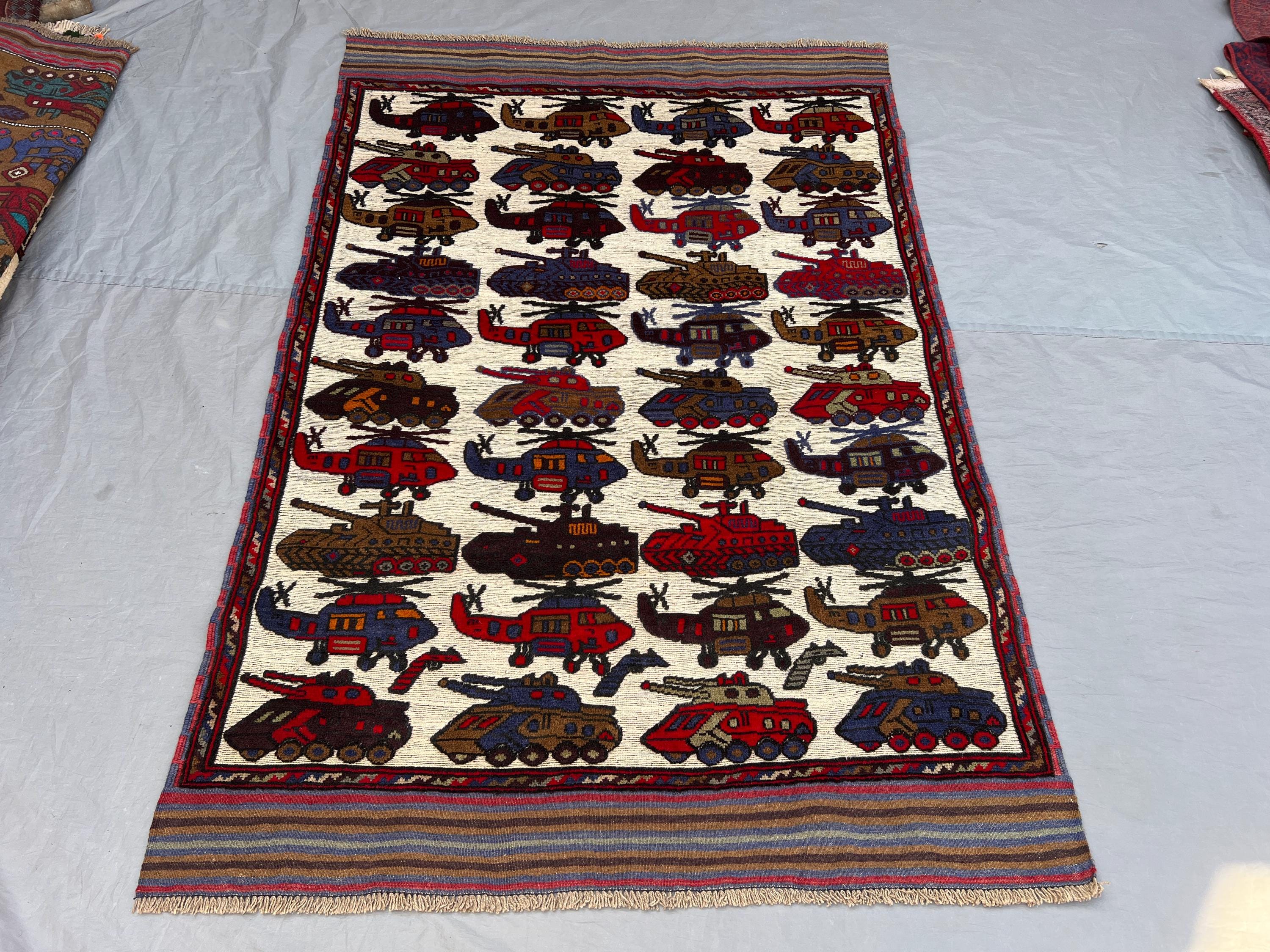 4x6 ft Vintage Afghan Kilim War Rug | Handwoven Pictorial Helicopter & Tank | Ivory Multicolor Flatweave | Col