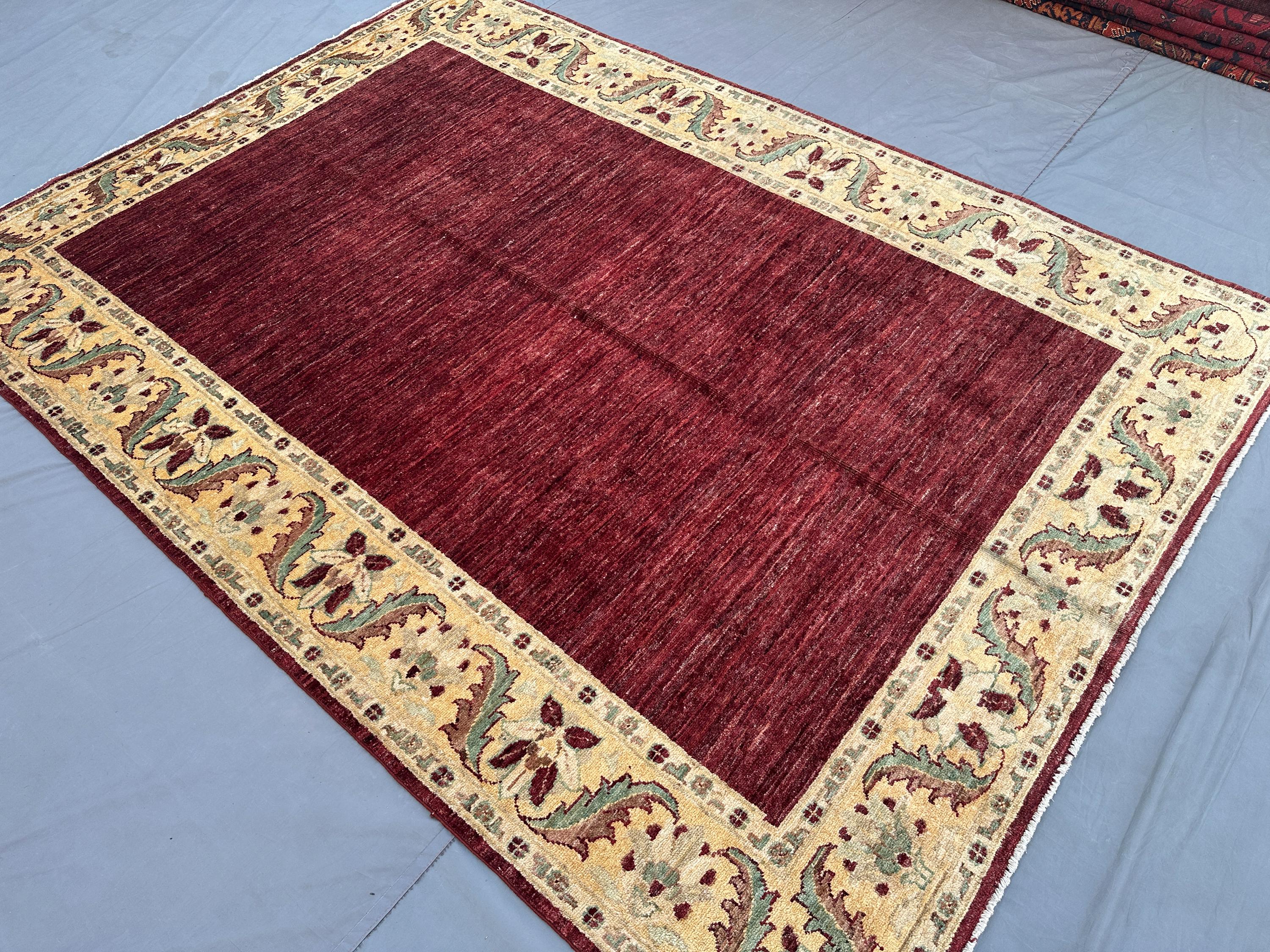 Afghan Hand-Knotted Oushak Rug 6x8 ft | Turkmen Modern Luxury Area Rug | Geometric Pattern Wool Carpet | Elega