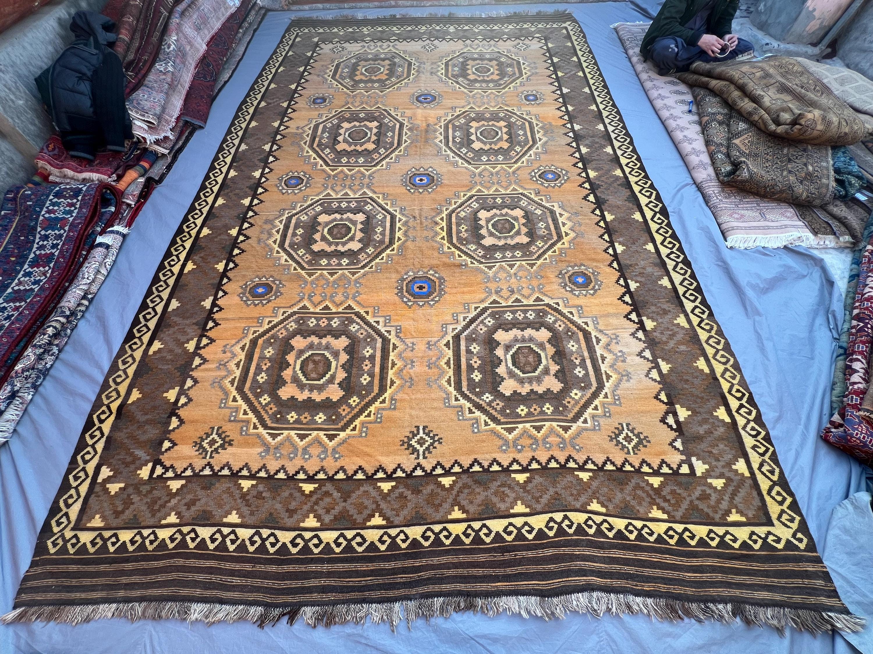 Vintage 9'5x14'10 ft Afghan Baluchi Handwoven Kilim Flatweave Rug, Tribal Geometric Design, Large Area Rug, Li