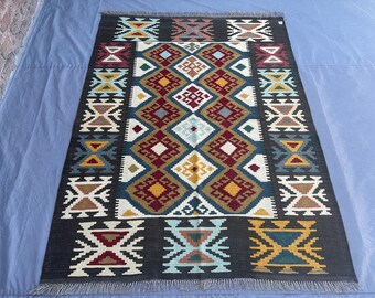 13x20 cm, afghanischer Kelim Teppich | Handgewebter Wollteppich | Stammes- geometrisches Design | Buntes Boho Dekor | Moderner orientalischer Akzent Teppich