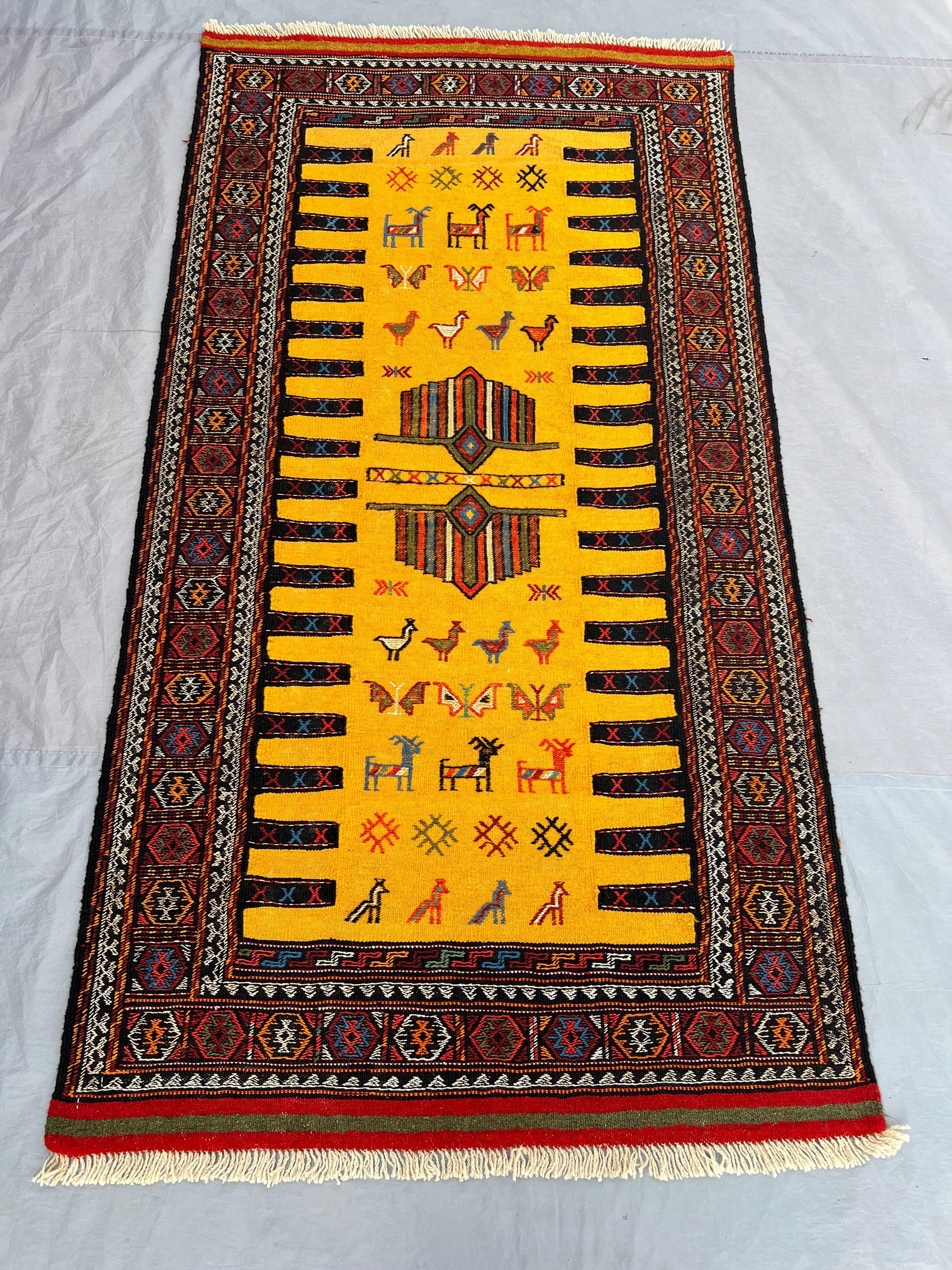 3'4x6'4 Vintage Afghan Baluchi Kilim Flatweave | Yellow Gold Figurative Animal Bird Butterfly Handwoven Wool Rug Living Room Bedroom Hallway