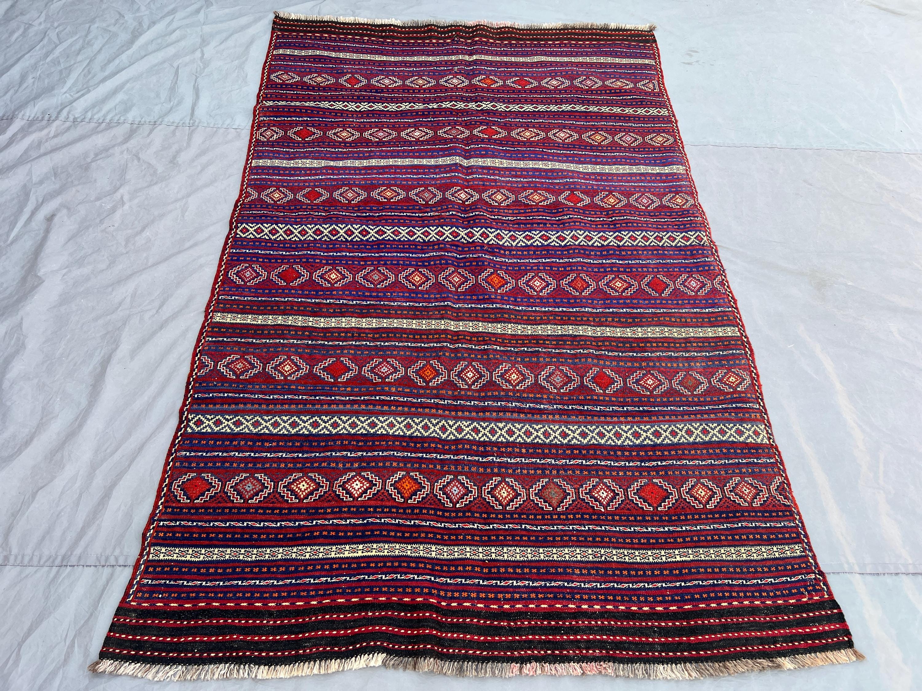 4'8x7'6 Vintage Afghan Flat Weave Wool Kilim | Red Blue Tribal Striped Diamond Motif Area Rug | Nomadic Sumak Kilim Carpet | Home Decor