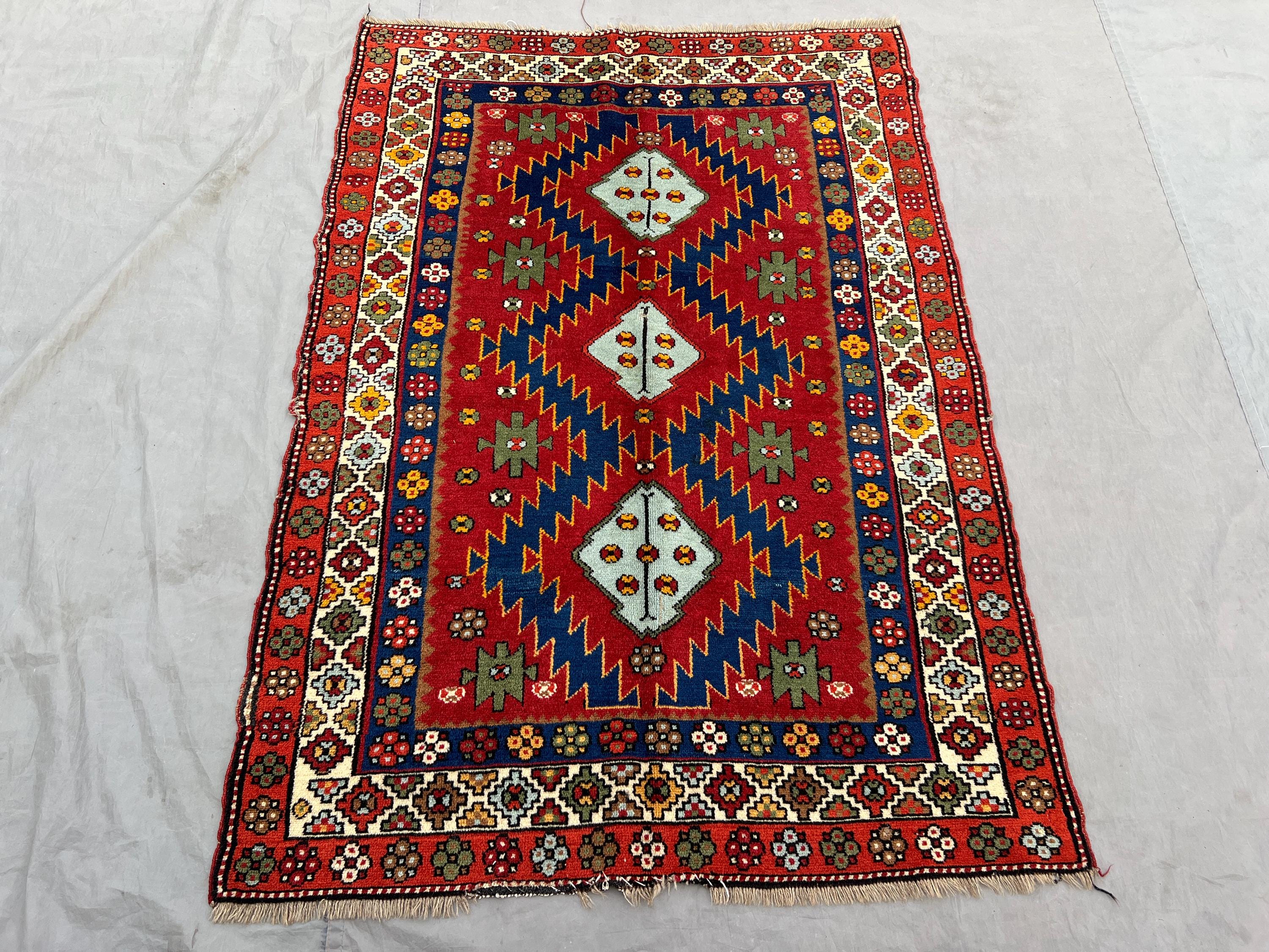 3'10 x 5'5 ft Vintage Turkish Pictorial Rug | Hand-Knotted Soft Pile Geometric Medallion | Red Boho One-of-a-Kind Luxury Decor