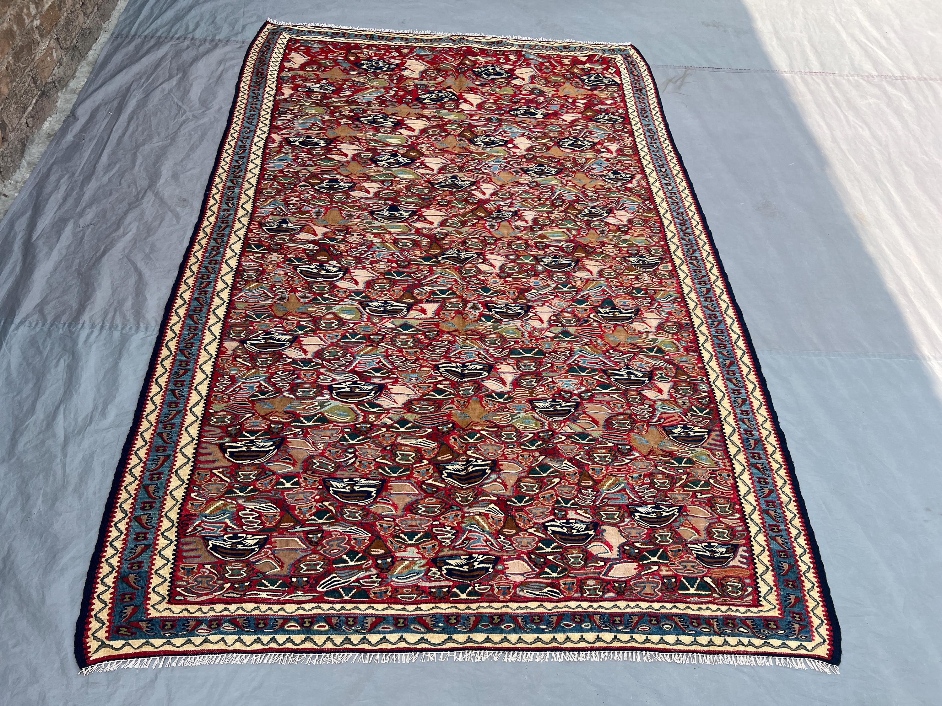 5'2x7'10 Vintage Afghan Kilim Handwoven Wool Flatweave All-Over Vase & Bird Motif Deep Red Sky Blue Multicolor Area Rug |Living Room Bedroom