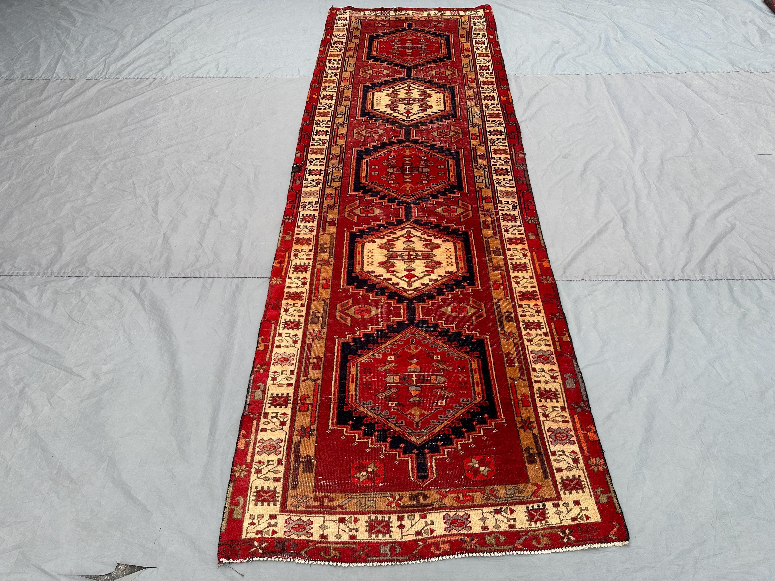 4 x 11 Afghan Hand Knotted Vintage Turkish Inspired Caucasian Runner Rug low pile distressed Tribal Geometric Design Long Wool Corridor rug