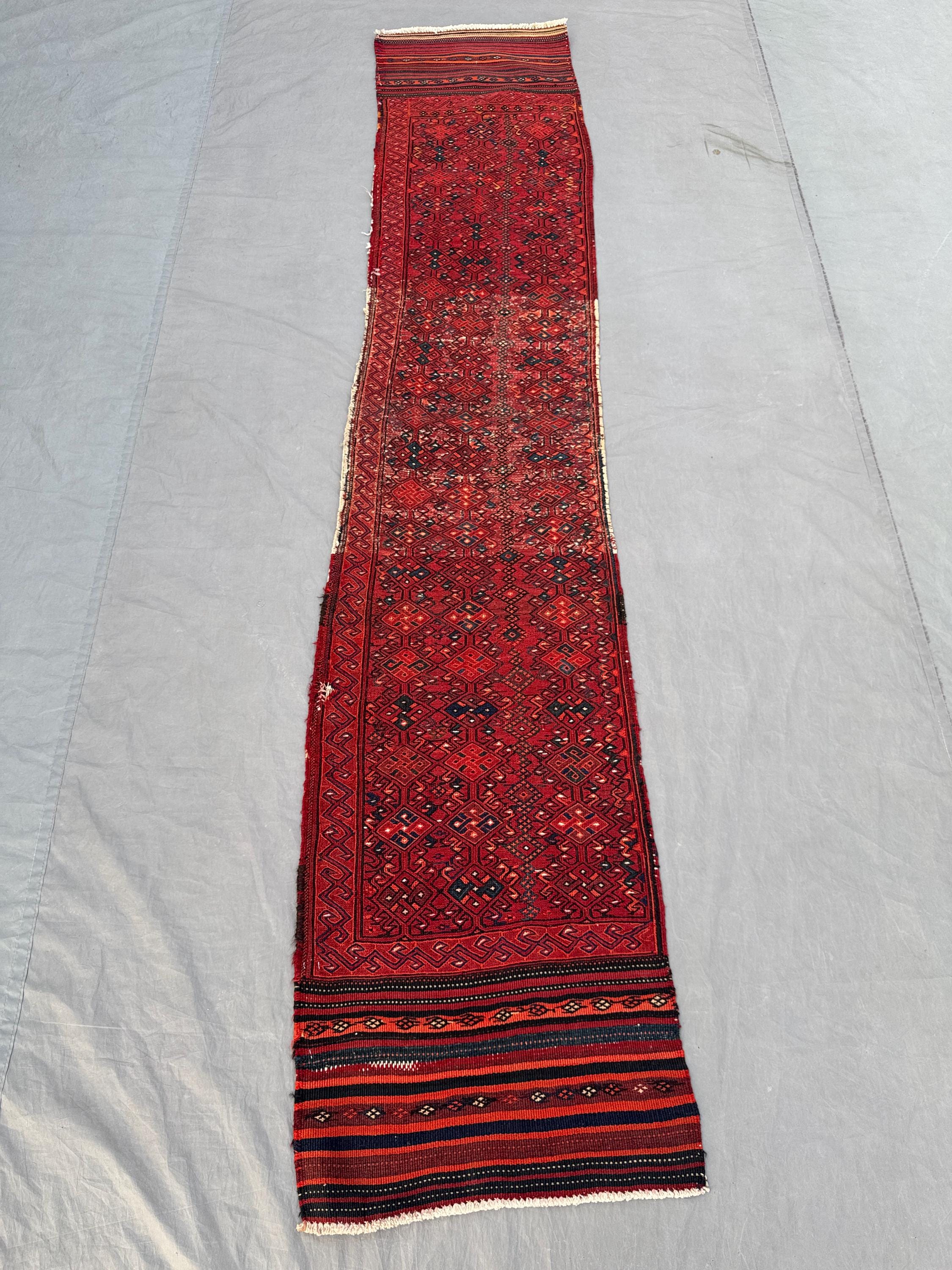 Afghan Hand-Woven Vintage Kilim Runner Flat-Weave Sumak Design 2 x 9 ft One-of-a-Kind Boho Home Decor