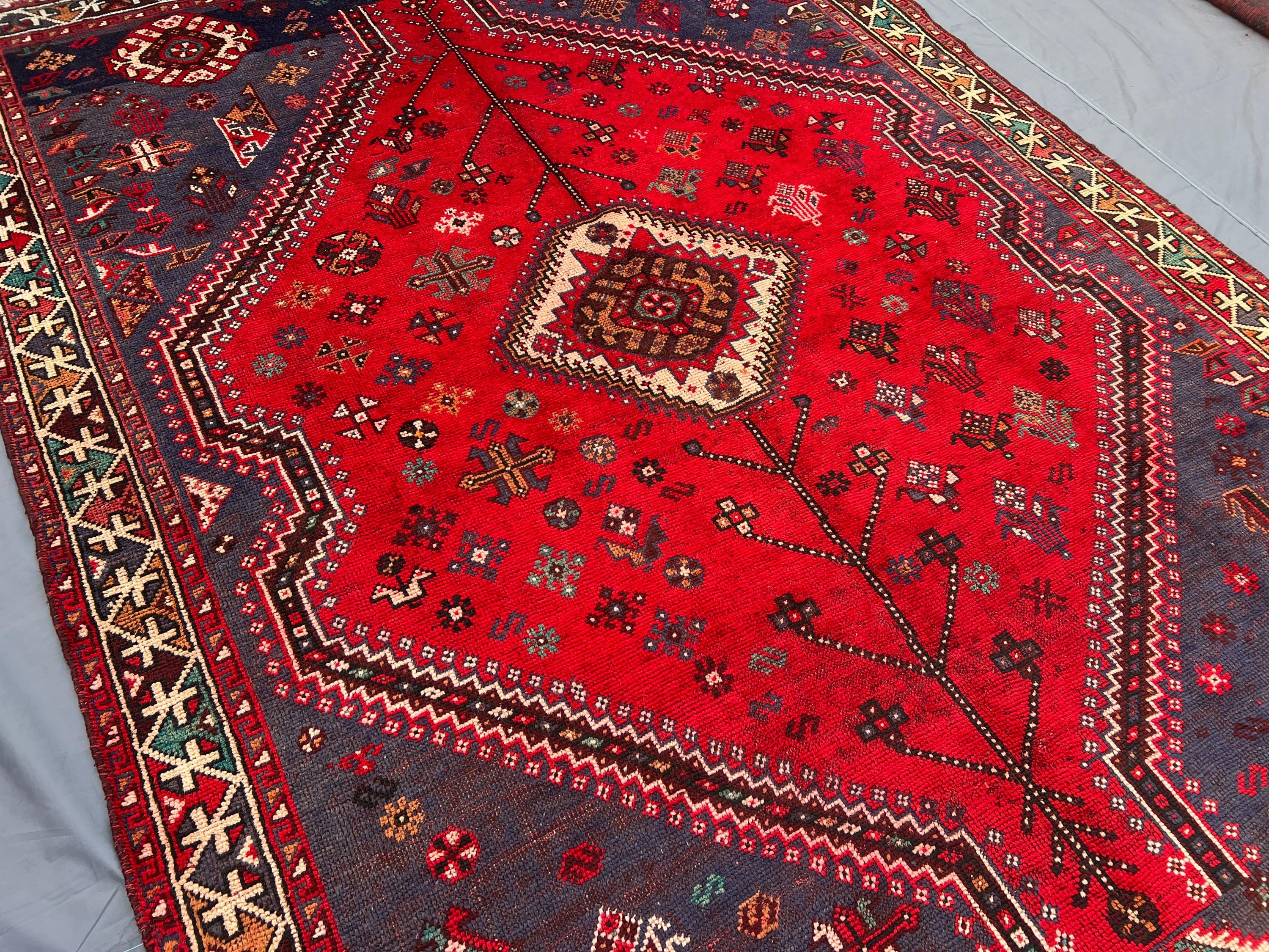 Antique Turkish Medallion Rug 6.5 x 9.2 ft 1920s Rare Hand Knotted Wool Red Blue Large Area Classic Boho Home Decor, Living Room Rug