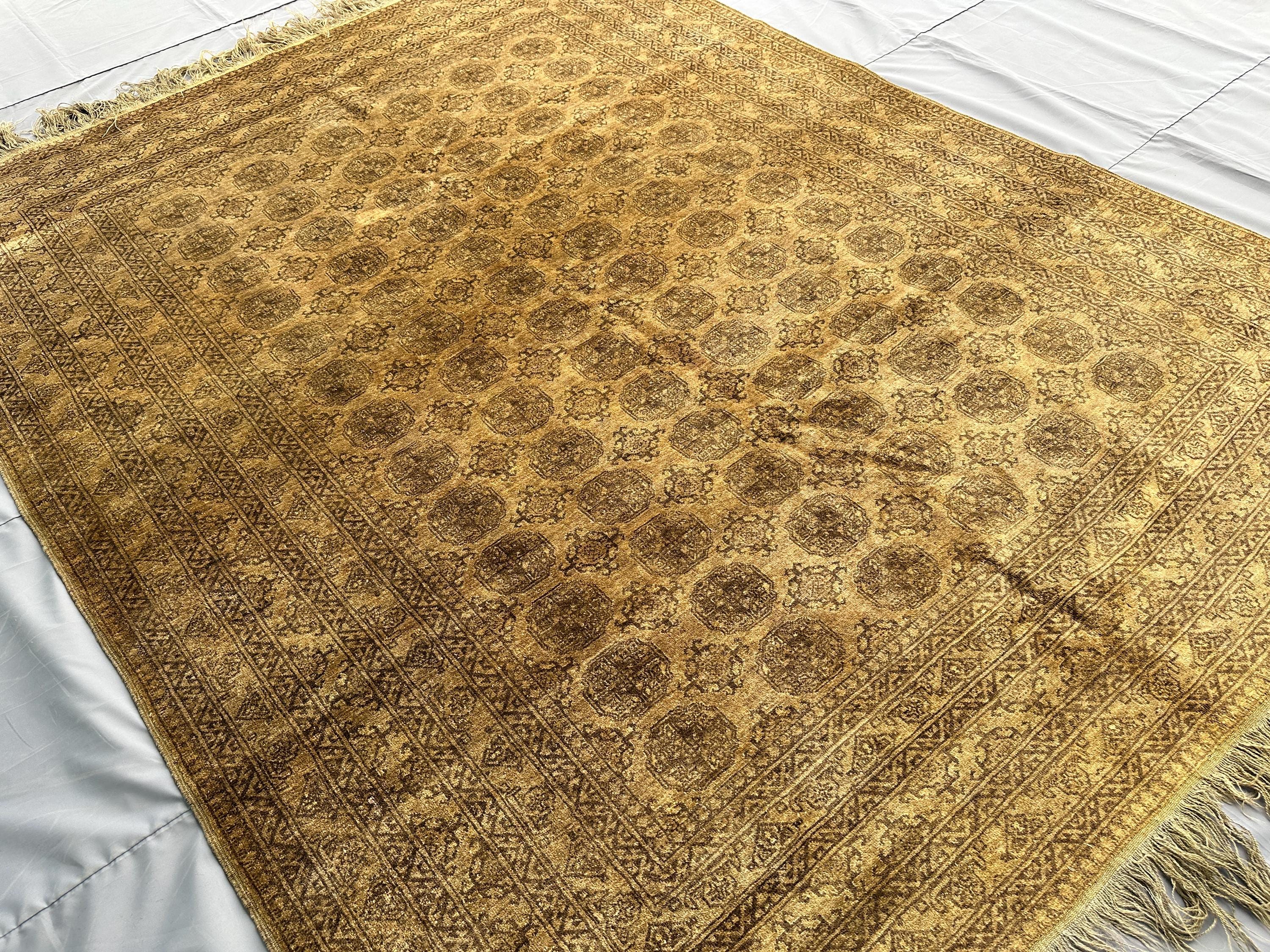 Afghan Mauri Rug 8x6, Antique Hand-Knotted Wool Carpet, Gold Tribal Turkmen Lattice Design, Vintage Living Roo