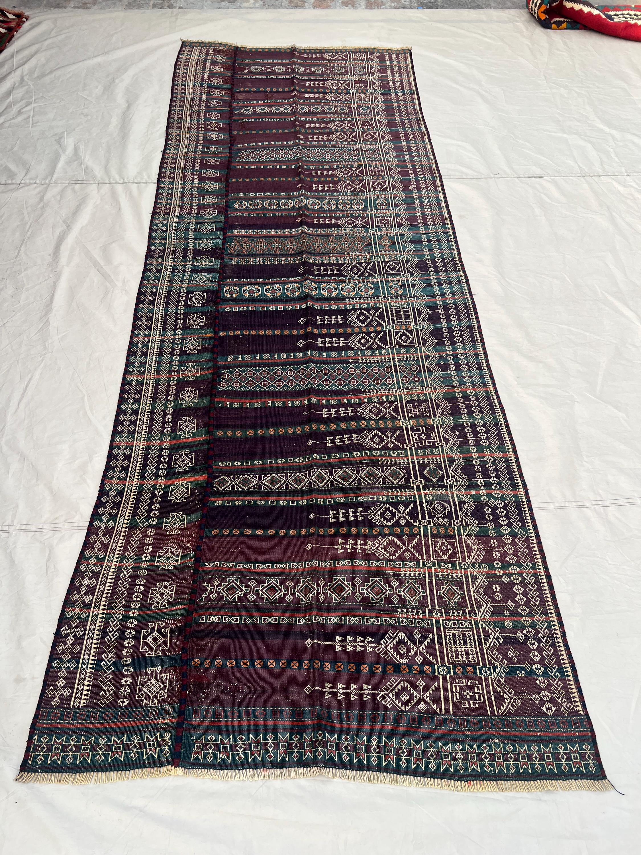 3'9x10'3 ft Vintage Afghan Baluchi Style Kilim | Fine Ivory Geometric Embroidered Flat Weave | Dark Purple Teal Green | Boho Runner