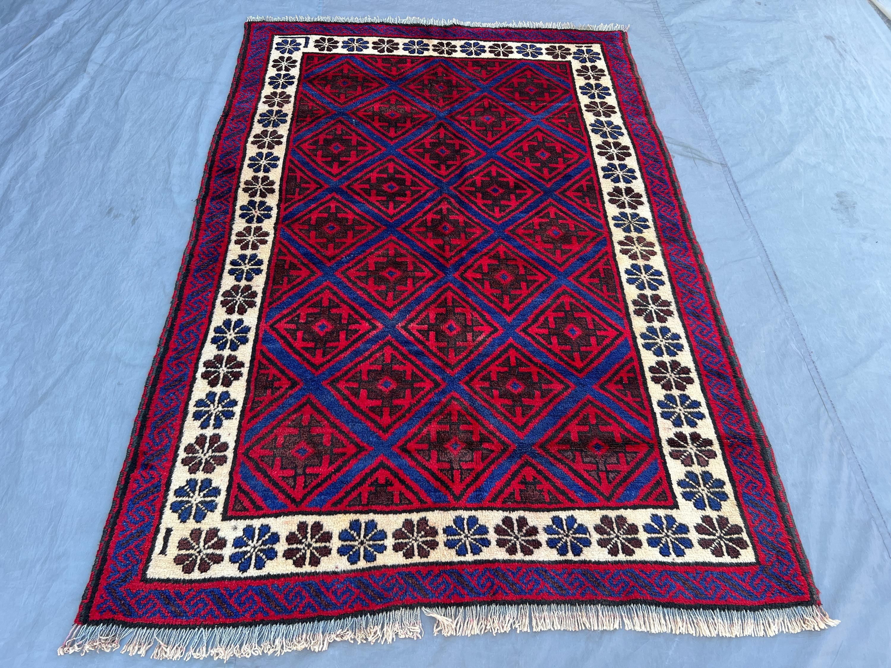 Red 5'2" x 7'6" Vintage Afghan Baluchi Rug, Hand-Knotted Wool, Geometric Tribal Diamond Design, Soft Pile Liv
