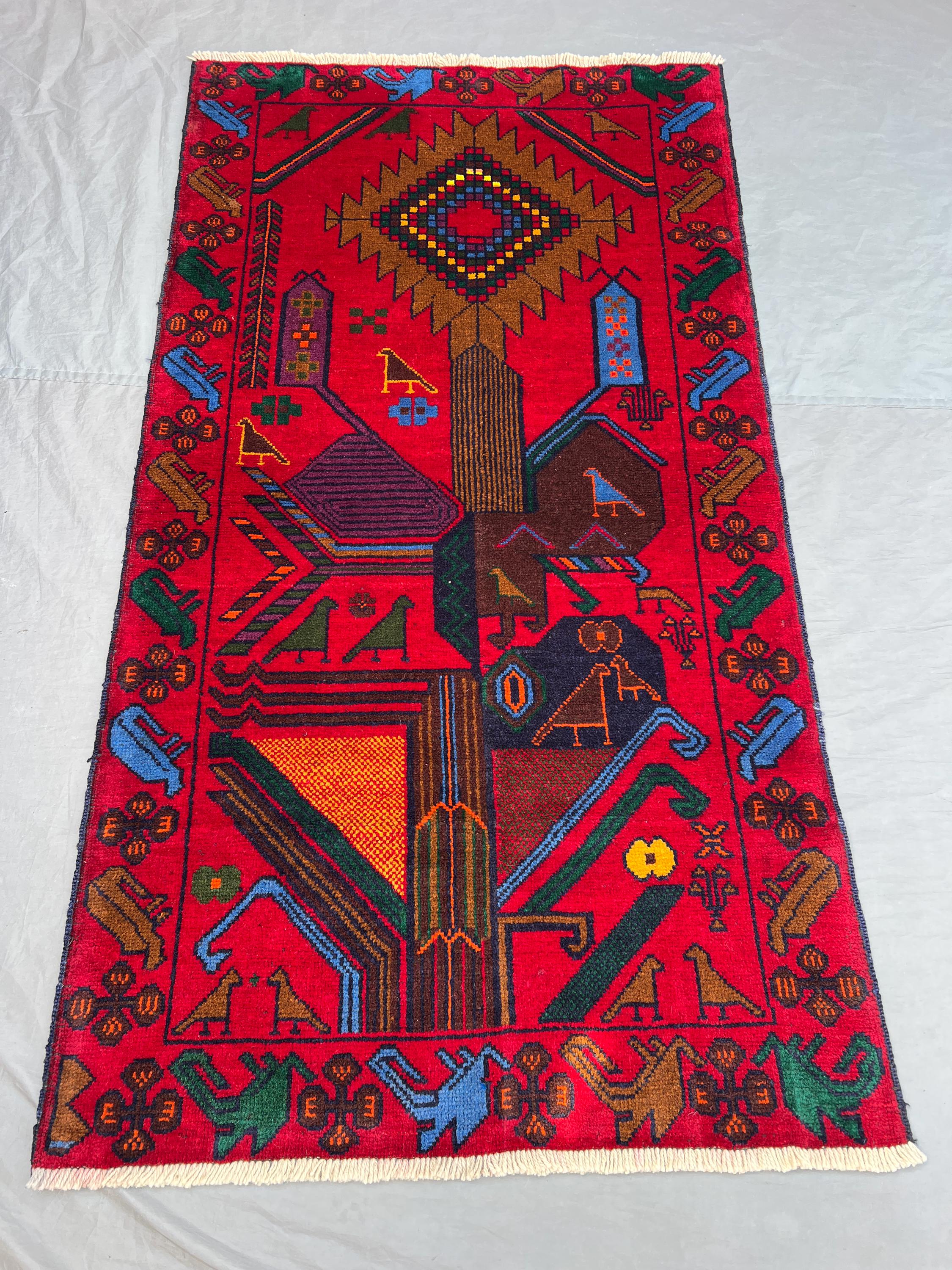 3'6x6'5 ft Vintage Afghan Rug, Handwoven Wool Pile, Geometric Tribal Design, Vibrant Red with Intricate Motifs, Handknotted, Entryway
