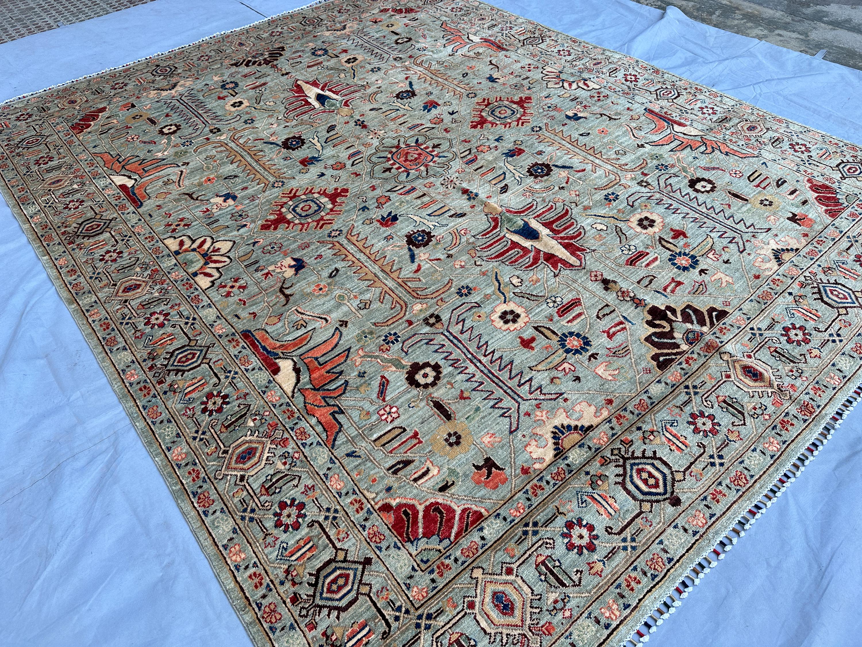 Afghan Oushak Area Rug 10x8, Hand-Knotted Wool Carpet, Sage Green Botanical Lattice Design, Fine Quality Livin