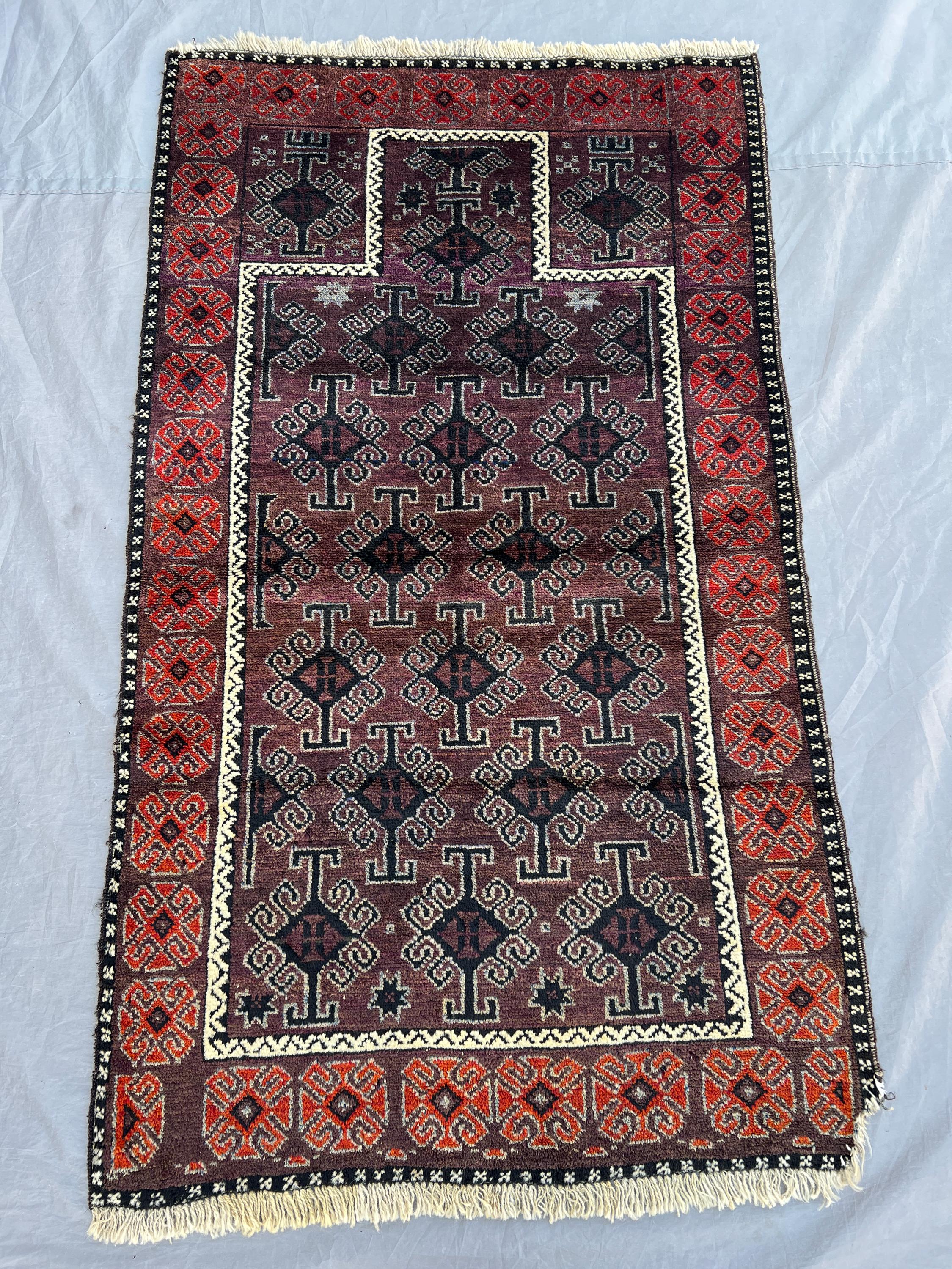 2'7x4'5 ft Vintage Afghan Prayer Rug, Handmade Baluchi Wool Rug, Tribal Islamic Mihrab Rug, Small Boho Rustic Carpet Accent Area Rug