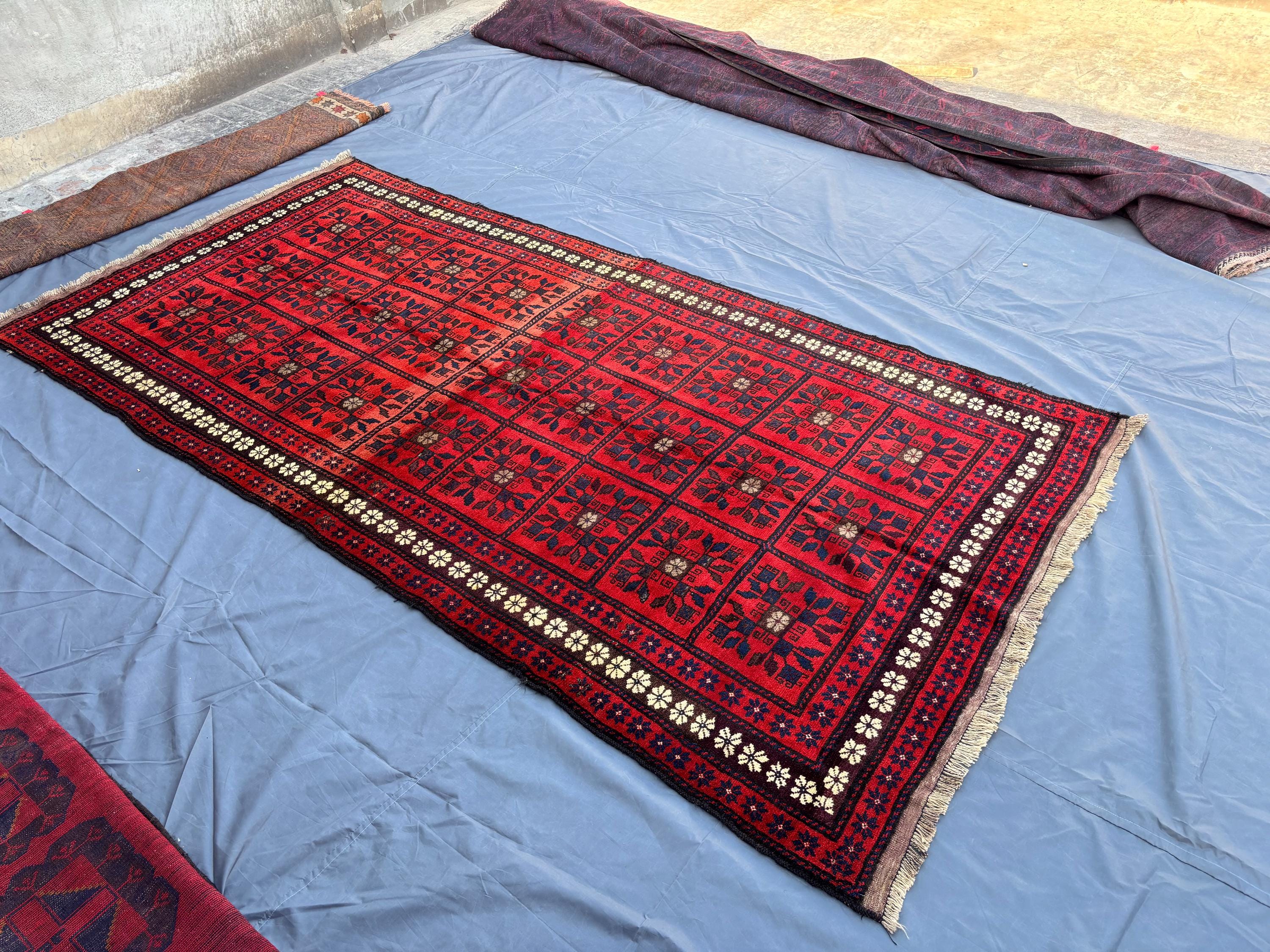 5.1x10.6 Vintage Afghan Baluchi Hand-Knotted Runner Rug, Red Wool Tribal Carpet, Wide Hallway Geometric Boho Area Rug | Entryway Rug Decor