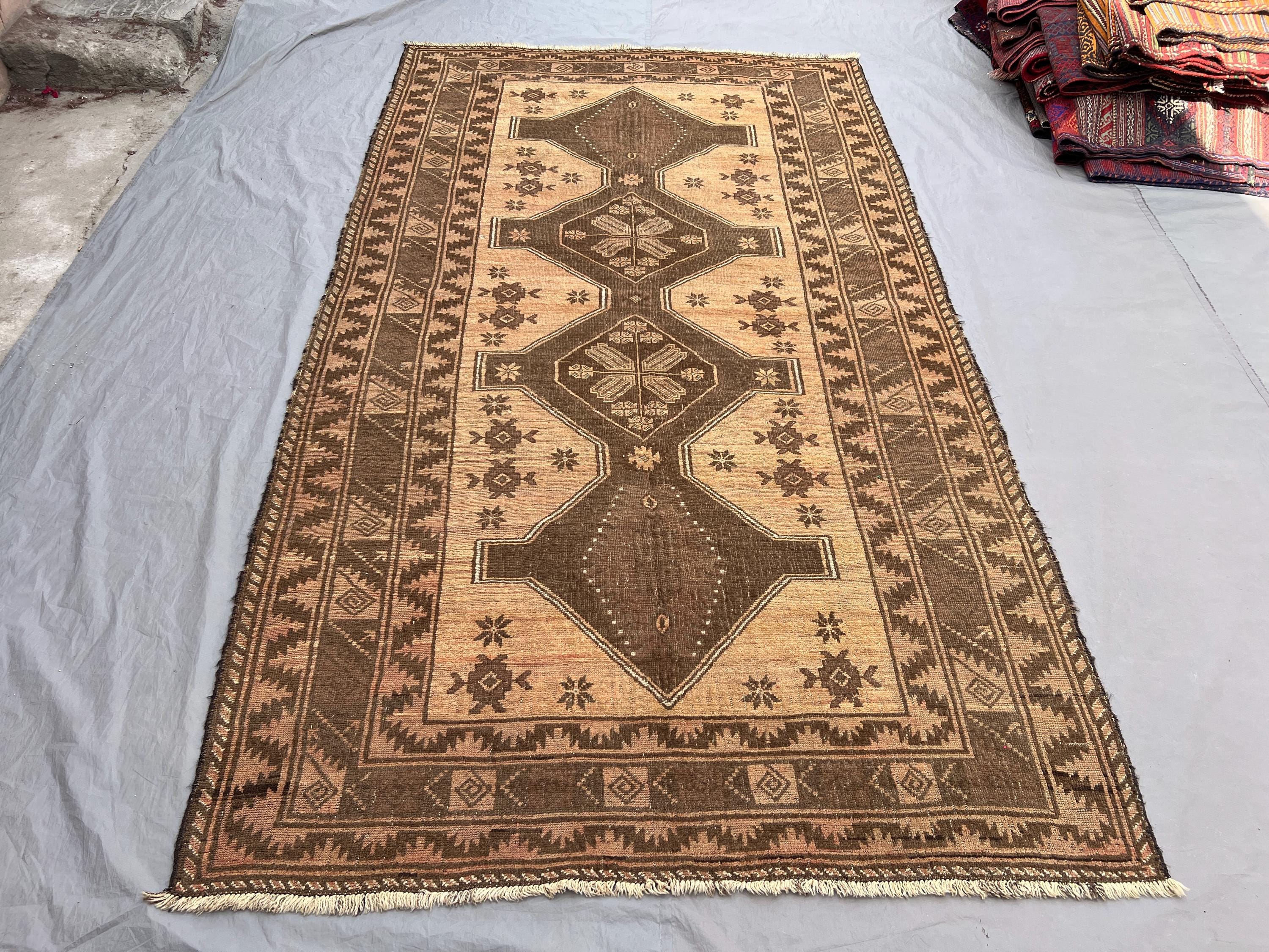 5'4x9'8 ft Vintage Afghan Hand-Knotted Rug – Geometric Brown Design, Tribal Motifs, Handmade, Boho Home Decor, Cozy Living Room