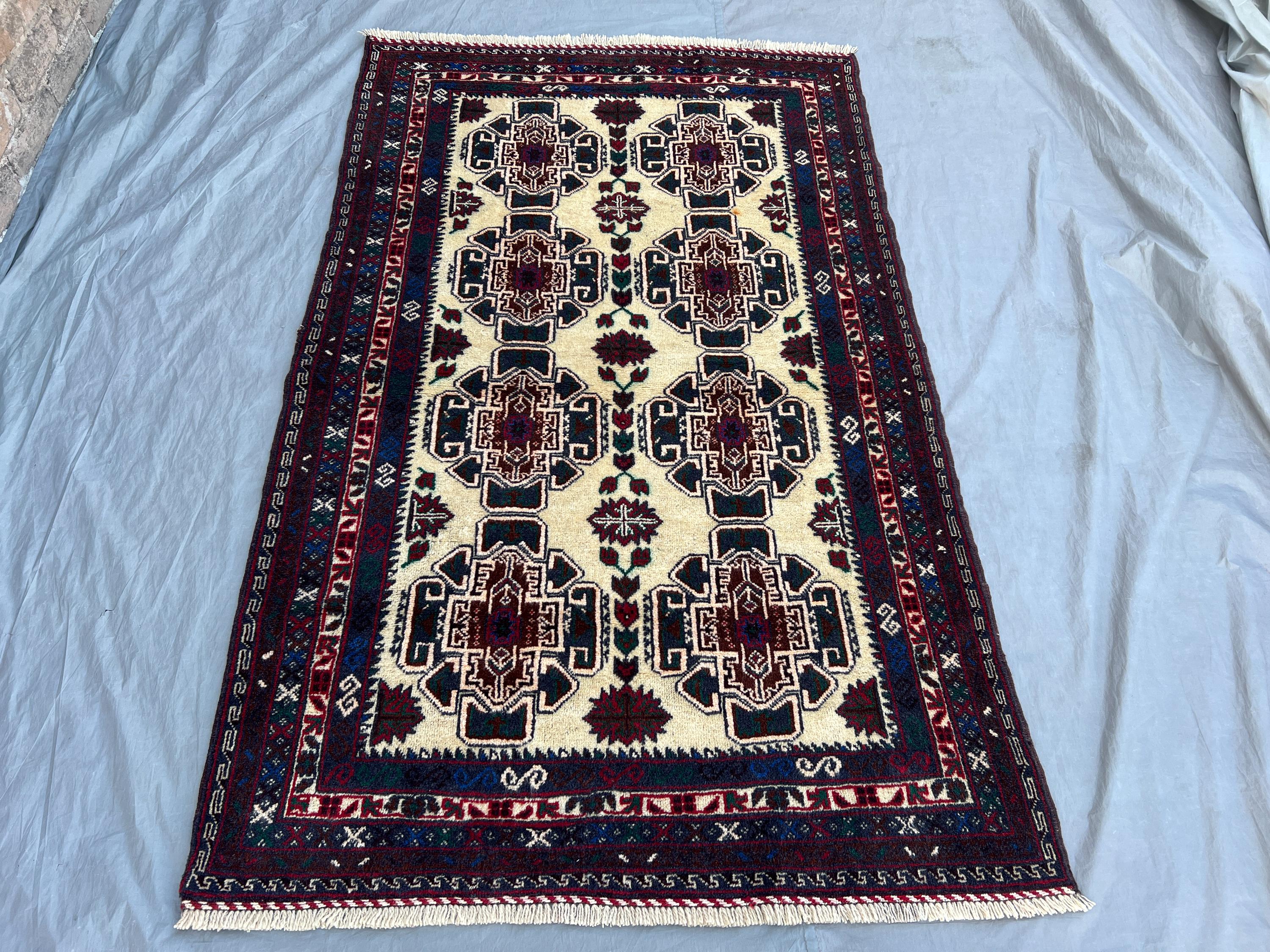 3'10 x 6'2 ft Vintage Afghan Hand Knotted Area Rug Tribal Geometric Wool Rug Small Area Rug Living Room Bedroom Decor Top Quality