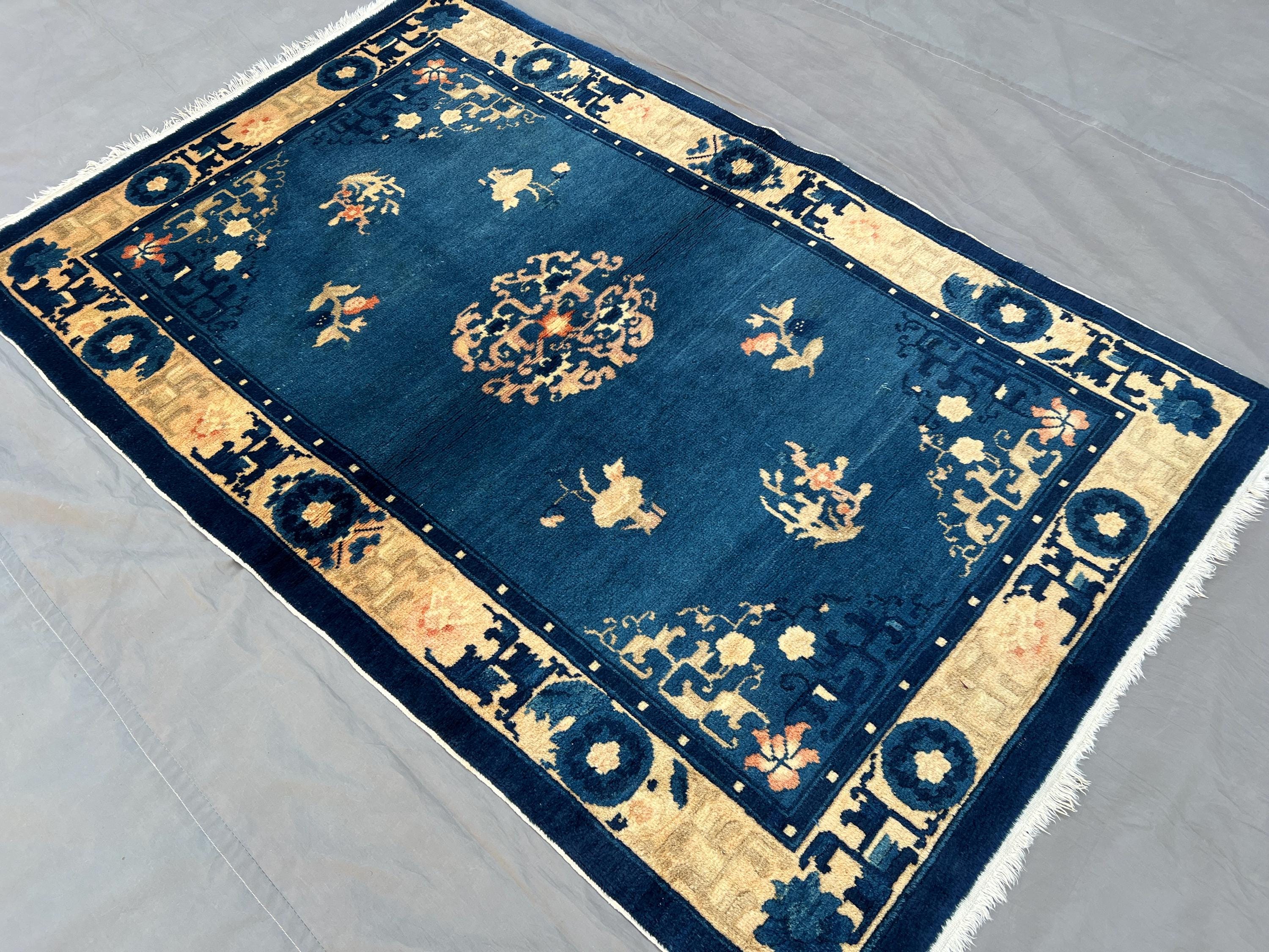 3'2x5 ft Afghan Silk Wool Rug | Hand Knotted Tribal Rug | Blue Moroccan Style Oriental Carpet | Floral Vintage Accent Area Rug, Home decor