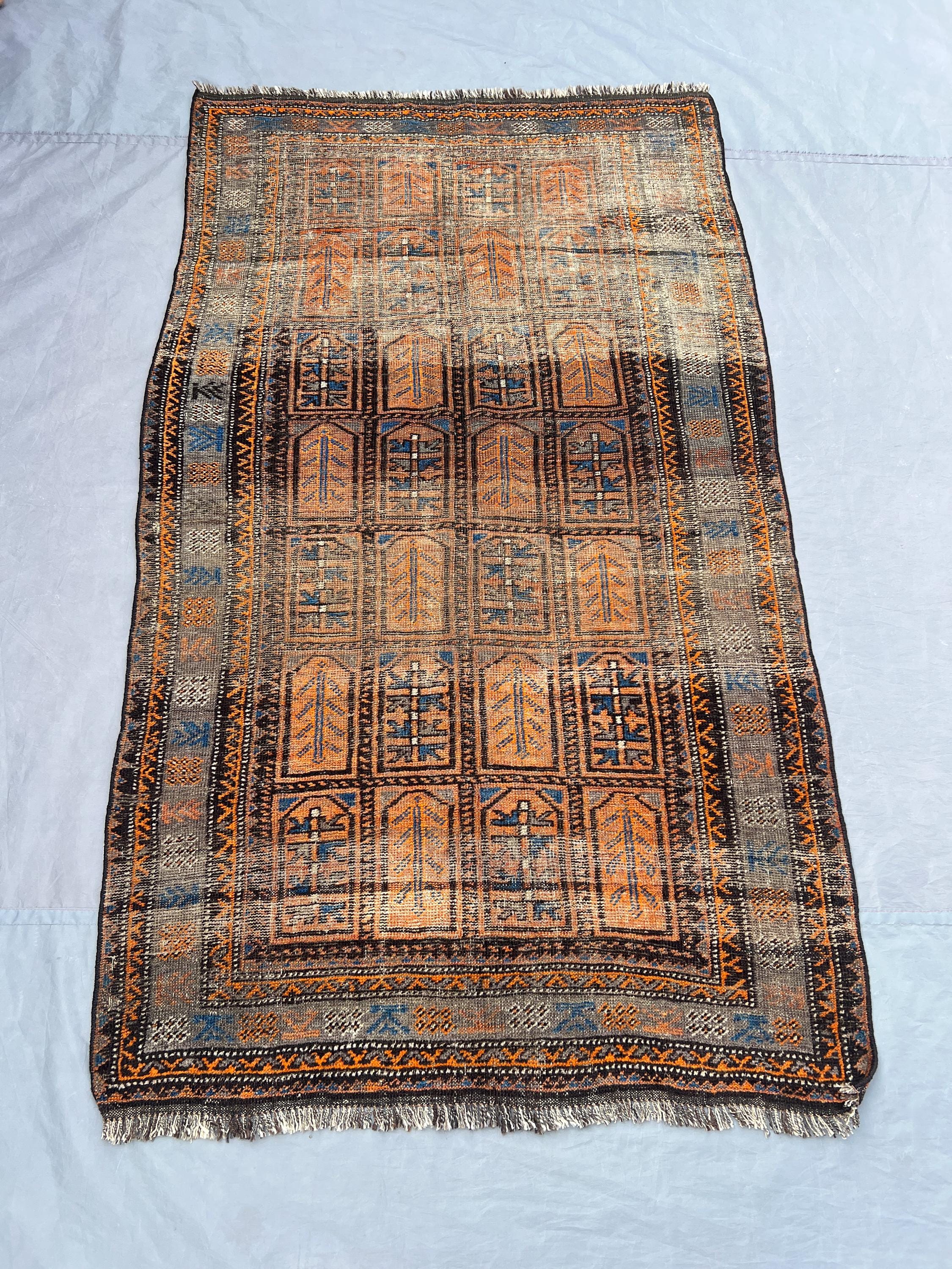 3'5 x 6 ft Antique Afghan Baluchi Rug, 1900s Hand Knotted Wool Carpet, Distressed Faded Tribal Oriental Geometric Area Rug, Bedroom Rug