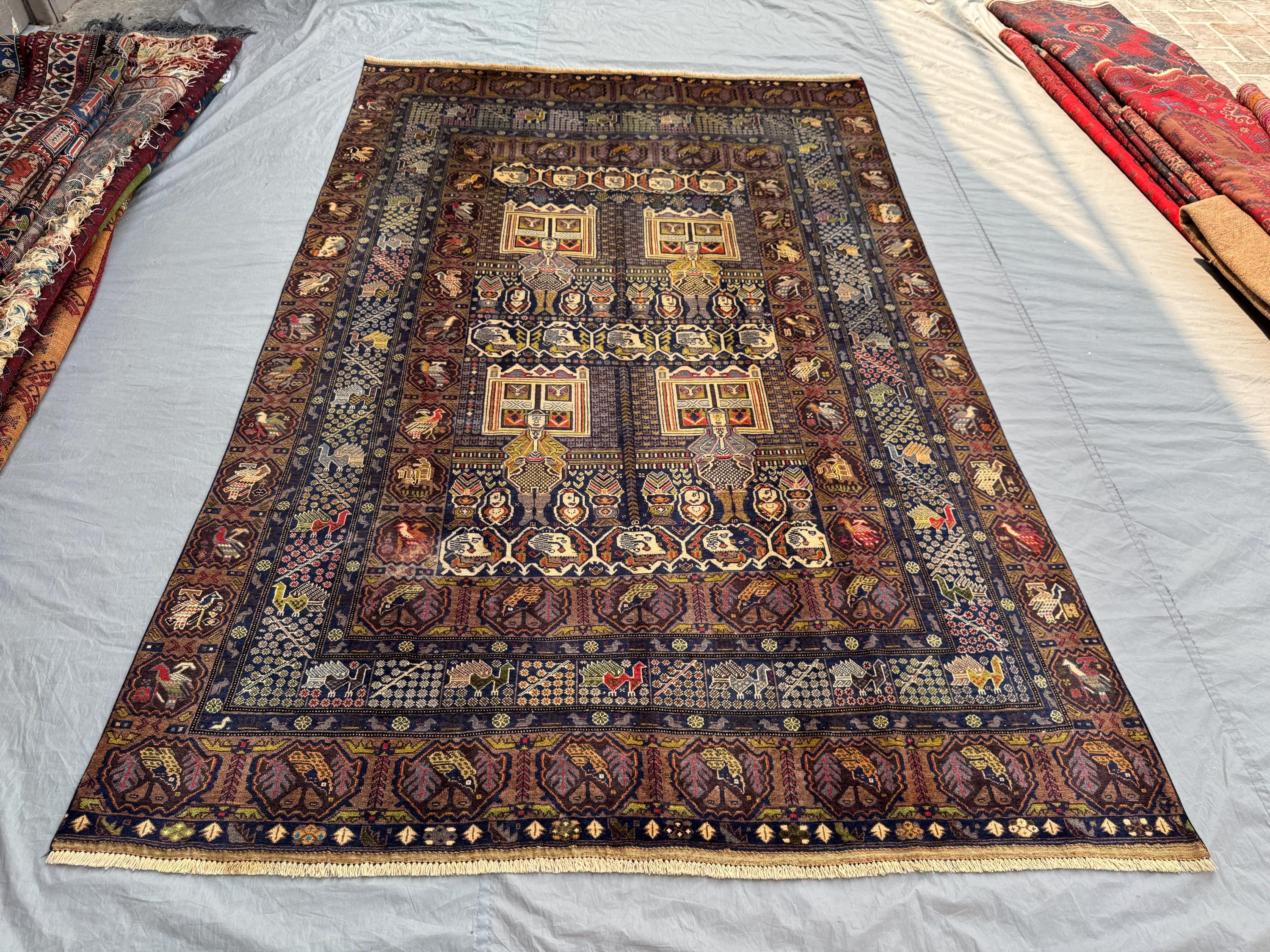 Blue & Green Rare Afghan Hand‑Knotted Vintage Rug, Pictorial Man Print Balochi Design Wool 6'4" × 9'10" | Living room decor rug
