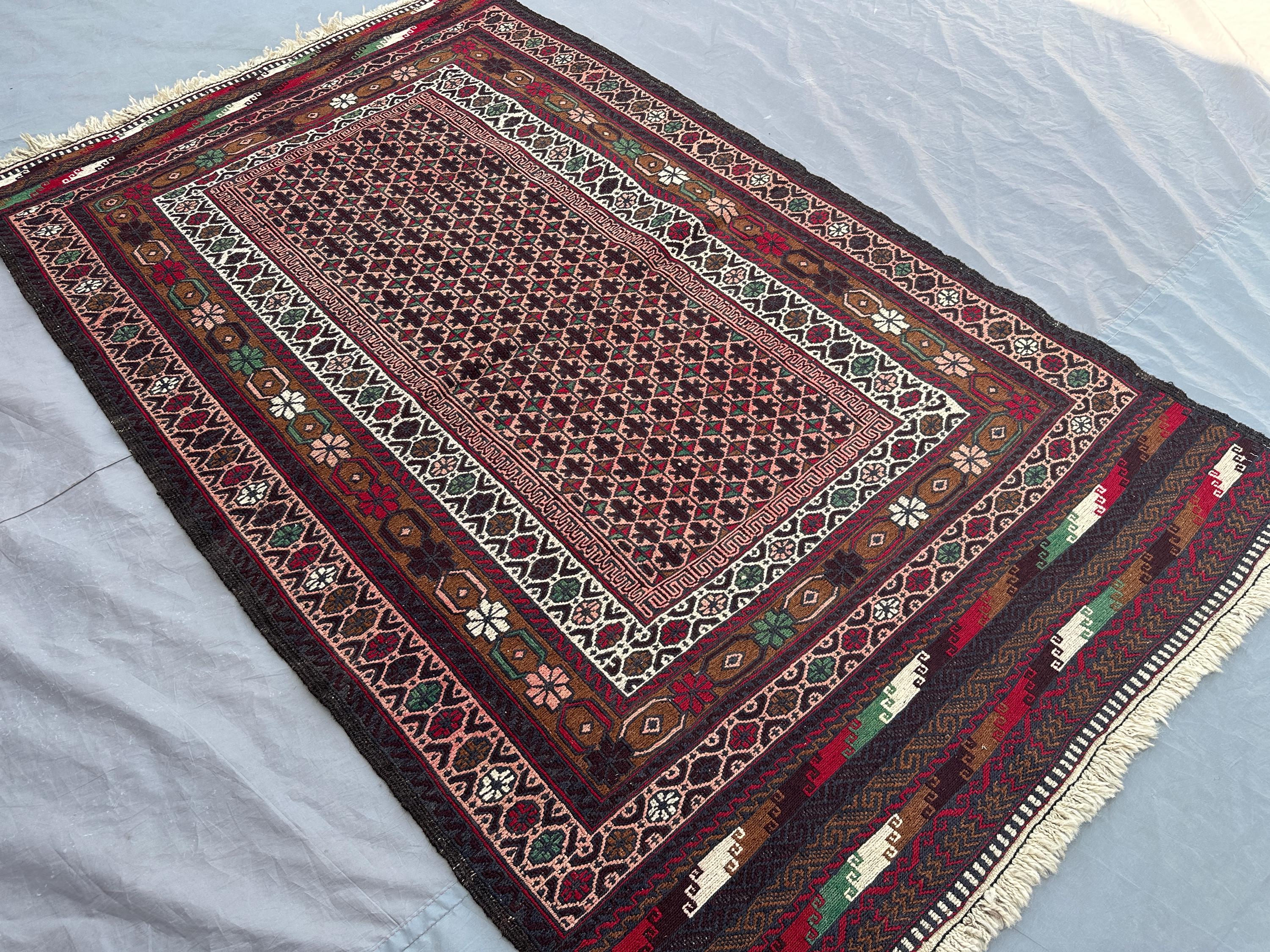 3'9 x 6'1 ft Vintage Afghan Rug, Hand Woven Sumak Kilim Rug, Geometric Tribal Pattern Wool Rug, Flatweave Area