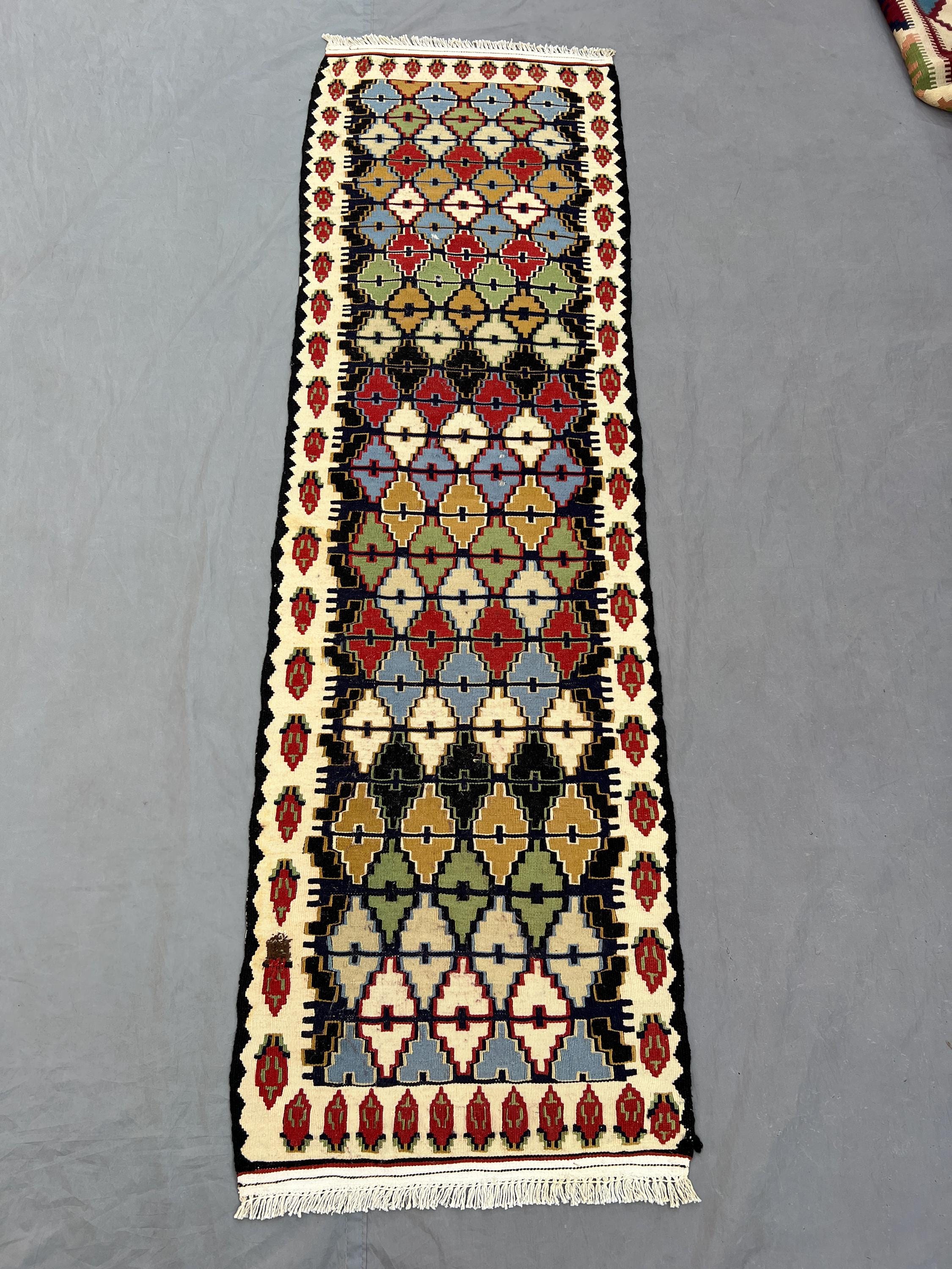 Vintage Afghan Kilim Runner 2 x 7 ft Handwoven Maimana Flat Weave Rug One of a Kind Tribal Geometric Wool Hallway Decor