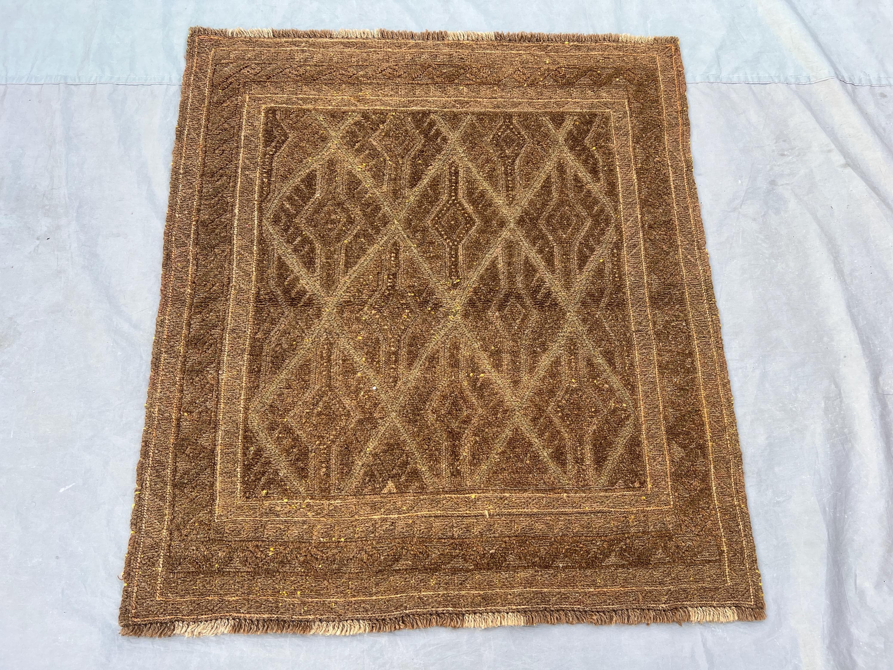 Vintage Afghan Baluchi Hand-Knotted Accent Rug, 3'7x3'10 ft, Tribal Wool, Boho Decor, Earthy Tones, Geometric
