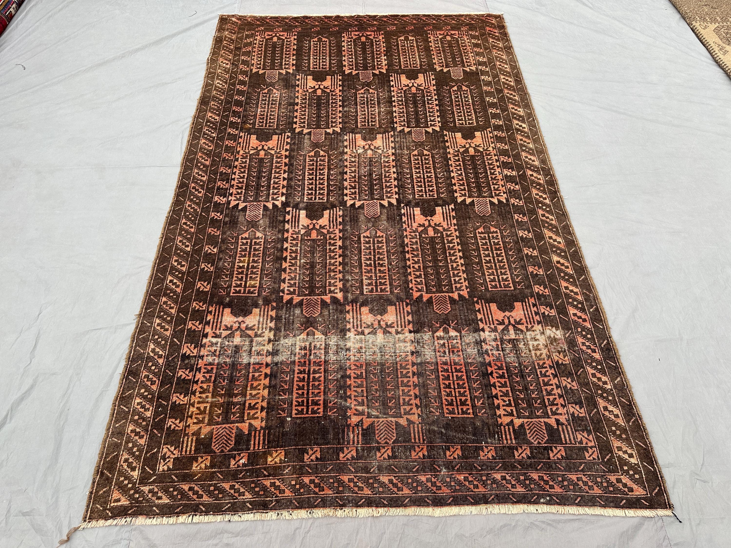 6x9 Antique Baluch Rug | Distressed Qalam Dani Tribal Wool Carpet | Afghan Hand Knotted No Pile Rug | Vintage Bedroom rug, Turkmen style rug