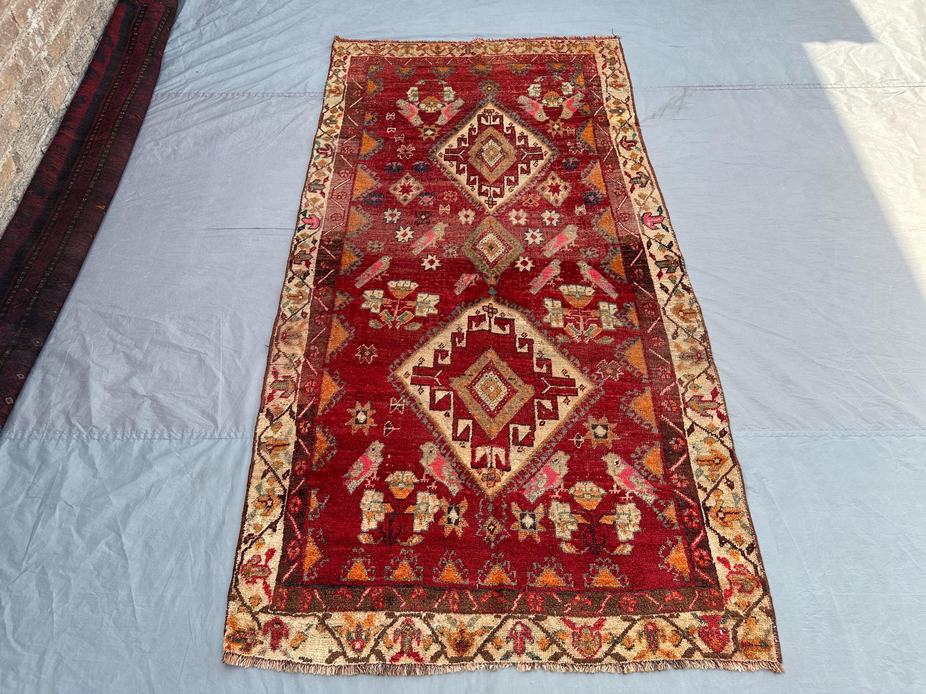 Semi Antique Tribal Rug, 4x8 Turkish Inspired Wool Carpet | Hand Knotted Caucasian Style | Red Vintage Kitchen or Entryway Rug, Nomadic Rug