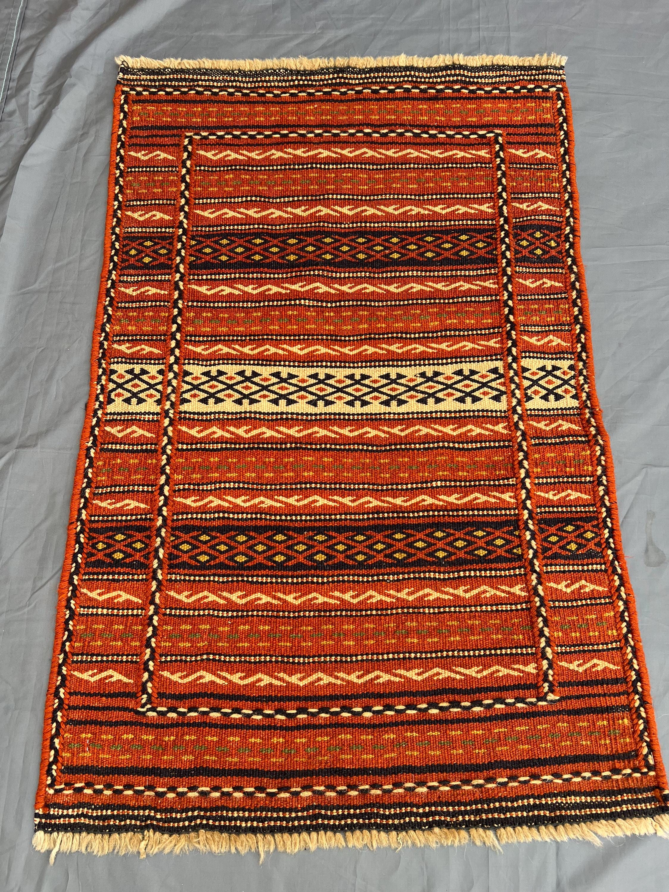 Radiant Orange "2x3" ft Handmade Afghan Sumak Kilim Rug Small Area Tribal Flatweave Geometric Design Rustic Bo