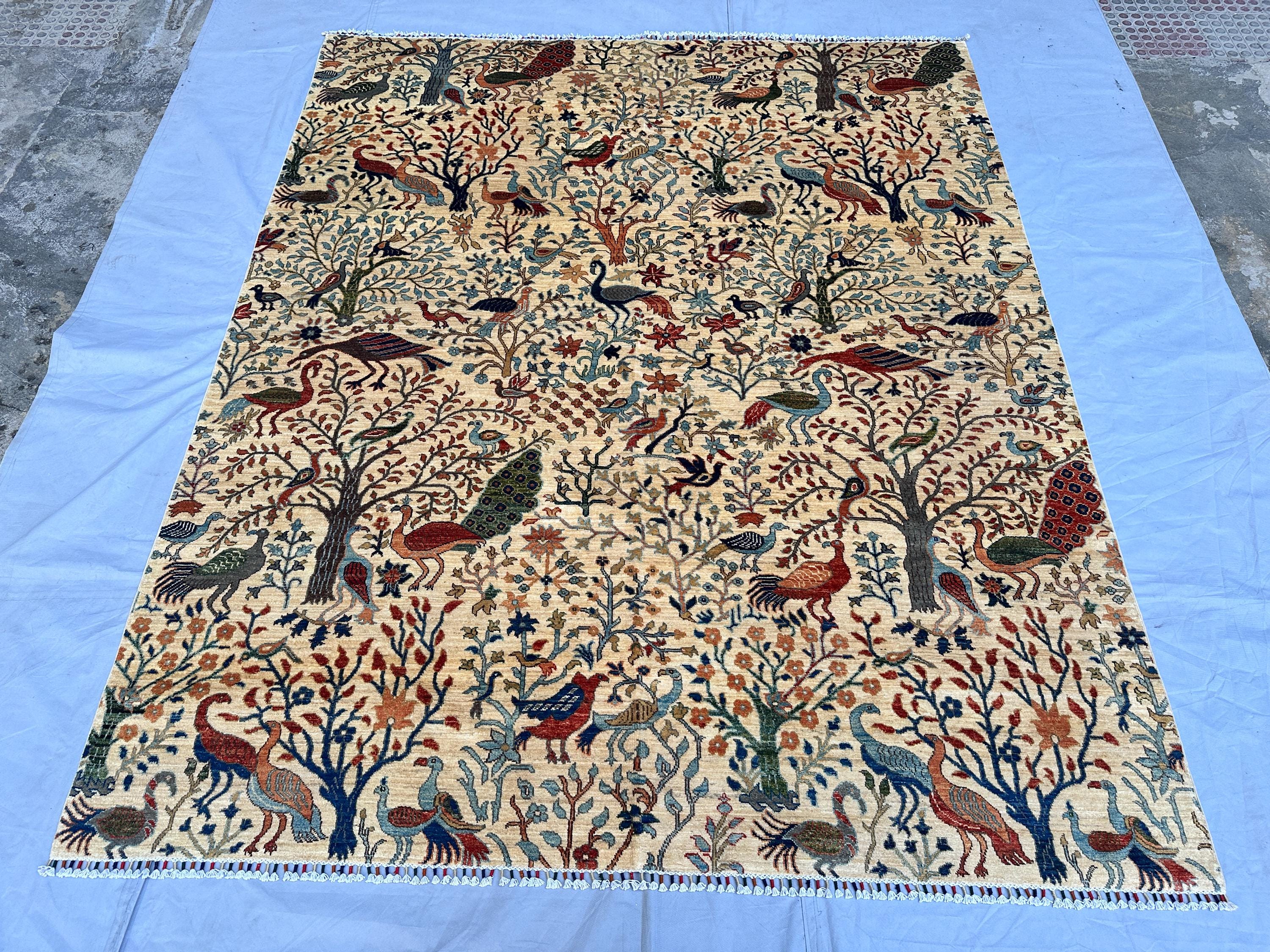Afghan Pictorial Tree of Life Rug 10x8, Hand-Knotted Wool Carpet, Peacock & Bird Garden Design, Large Living R