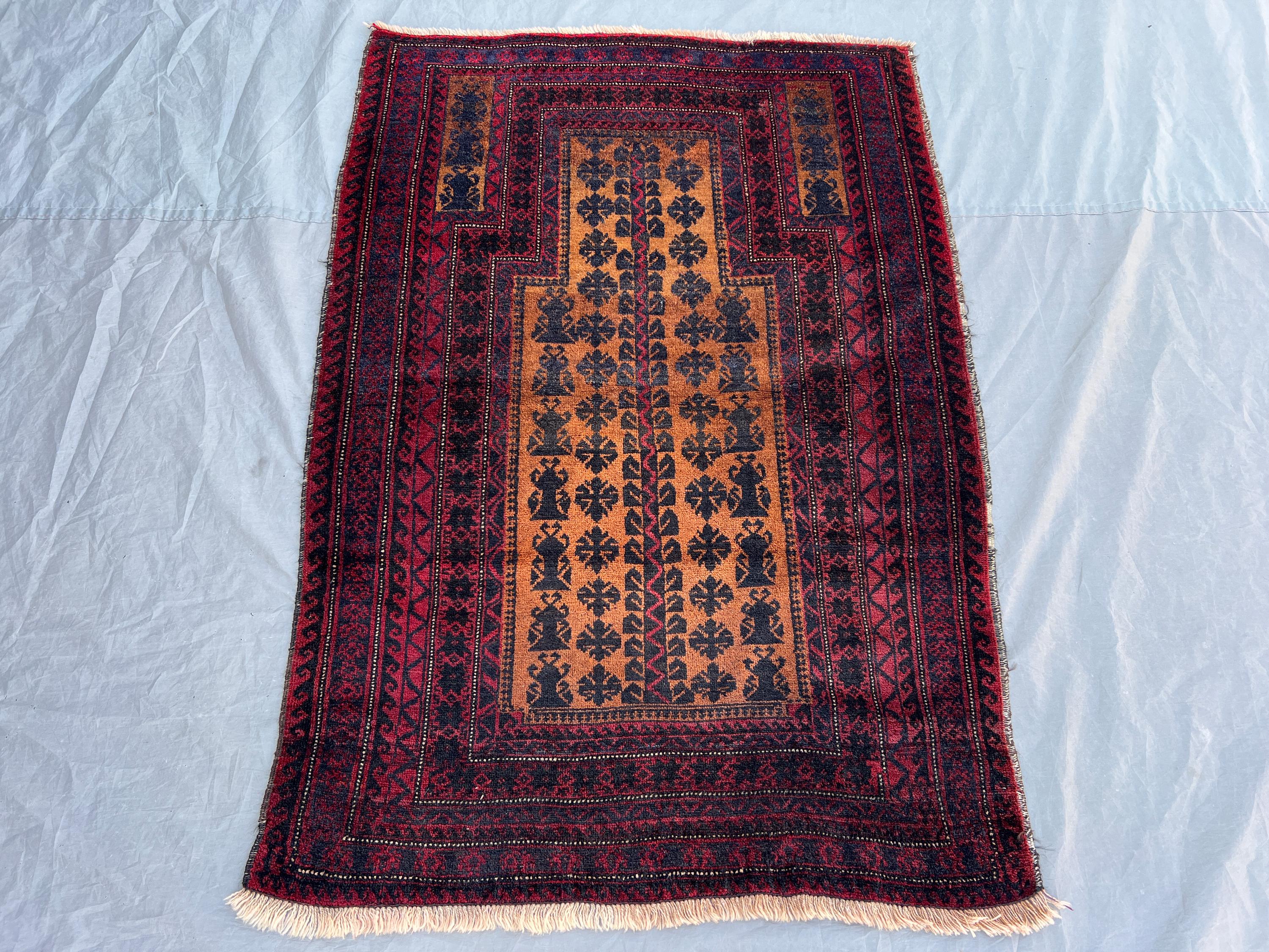 3'2x4'9 Vintage Afghan Prayer Rug | Hand Knotted Wool Area Rug | Burnt Orange Navy Blue Botanical Rug | Bohemian Accent Rug